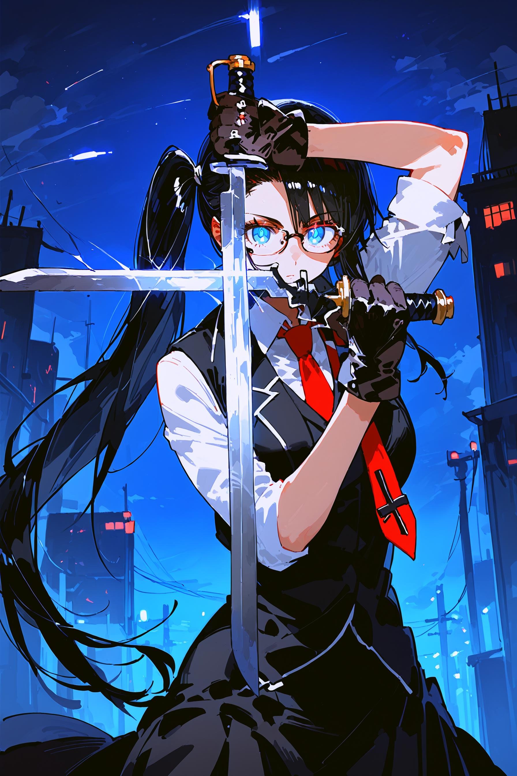 (score_9, score_8_up, score_7_up) BREAK source_anime,1girl,solo,blue eyes,black hair,long hair,side ponytail,glasses,glowing eyes,white shirt,black vest,red necktie,black gloves,expressionless,dual wielding \(cross\),holding sword,looking at viewer,cowboy shot,outdoors,night,street,<lora:dual_wielding_cross:1>,