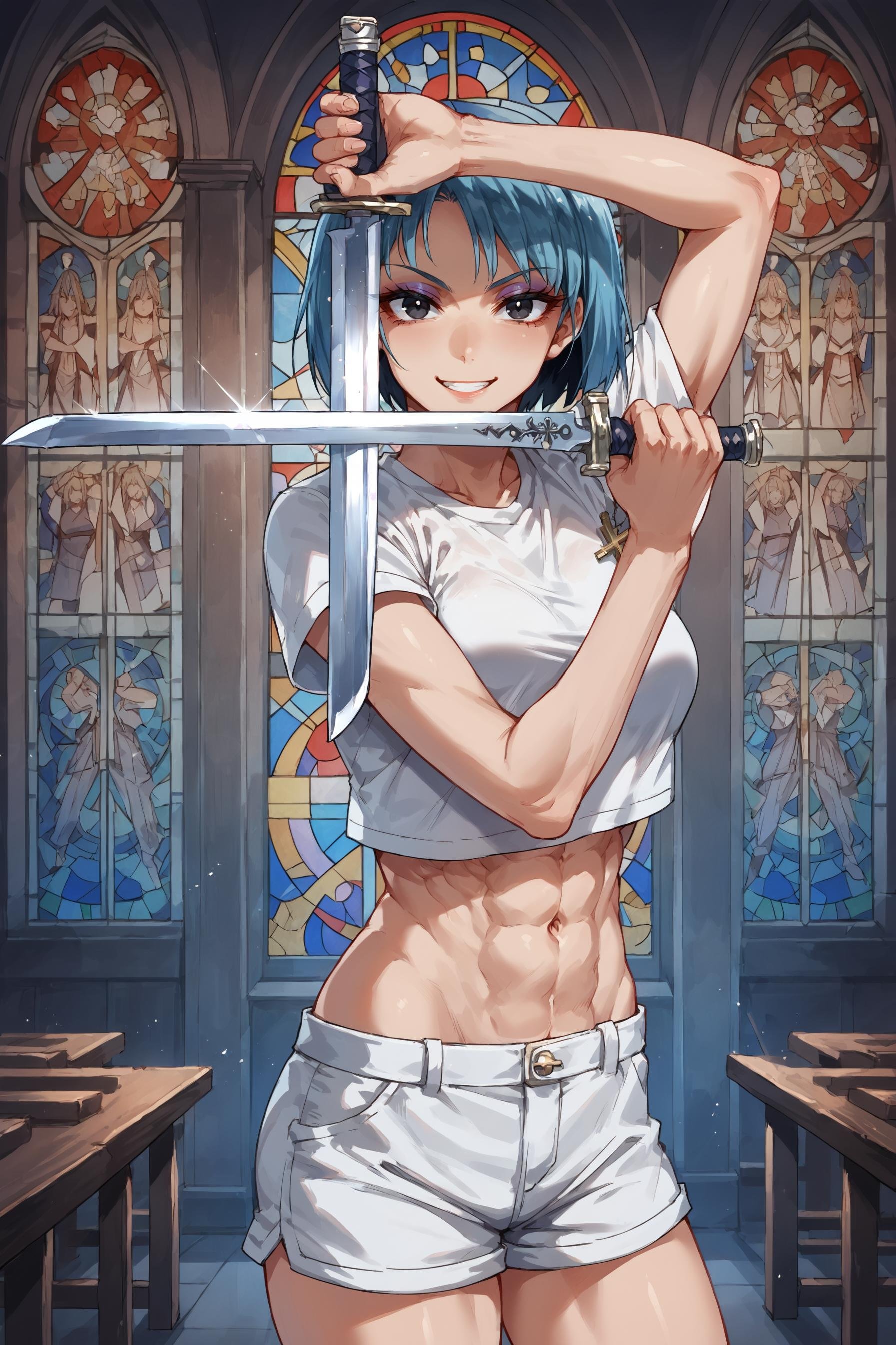 (score_9, score_8_up, score_7_up) BREAK source_anime,1girl,solo,black eyes,blue hair,bob cut,eyeshadow,crop top,abs,shorts,smile,dual wielding \(cross\),holding sword,looking at viewer,cowboy shot,indoors,church,stained glass,sparkle,<lora:dual_wielding_cross:1>,