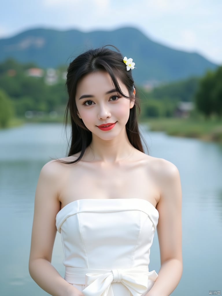 a young Asian woman
dressed in a white strapless dress
adorned with a white belt tied around her waist. Her hair is pulled back in a ponytail
with a small white flower pinned into her hair. She is standing in front of a body of water
with trees and a mountain in the background. The woman's eyes are a deep blue
and her lips are a vibrant red
adding a pop of color to the scene. The backdrop is blurred
creating a peaceful and serene atmosphere.
