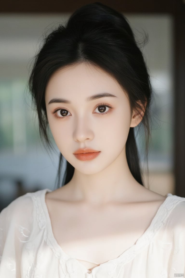 a close-up shot of a young Asian woman with dark brown hair and brown eyes. She is wearing a white sleeveless blouse with a low neckline that is adorned with white embroidery. Her hair is pulled back in a ponytail, adding a touch of texture to her face. The backdrop is blurred, creating a stark contrast to the woman's white dress.