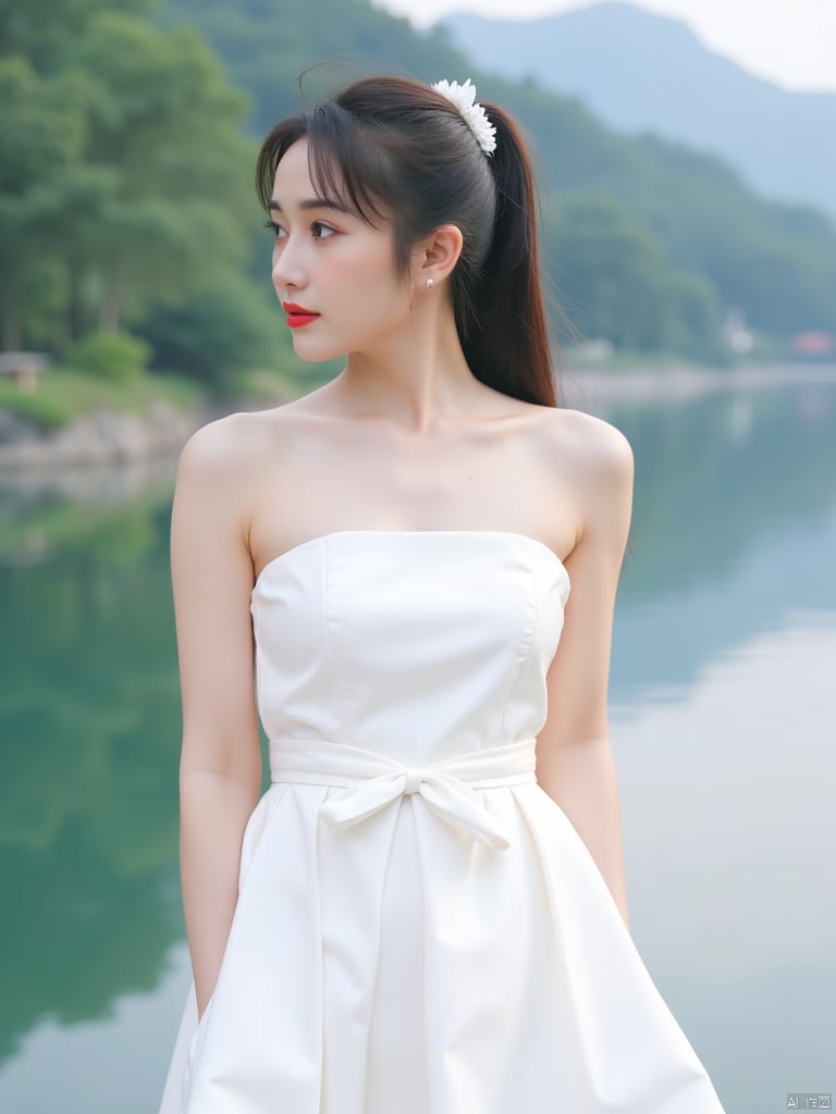 a young Asian woman
dressed in a white strapless dress
adorned with a white belt tied around her waist. Her hair is pulled back in a ponytail
with a small white flower pinned into her hair. She is standing in front of a body of water
with trees and a mountain in the background. The woman's eyes are a deep blue
and her lips are a vibrant red
adding a pop of color to the scene. The backdrop is blurred
creating a peaceful and serene atmosphere.
