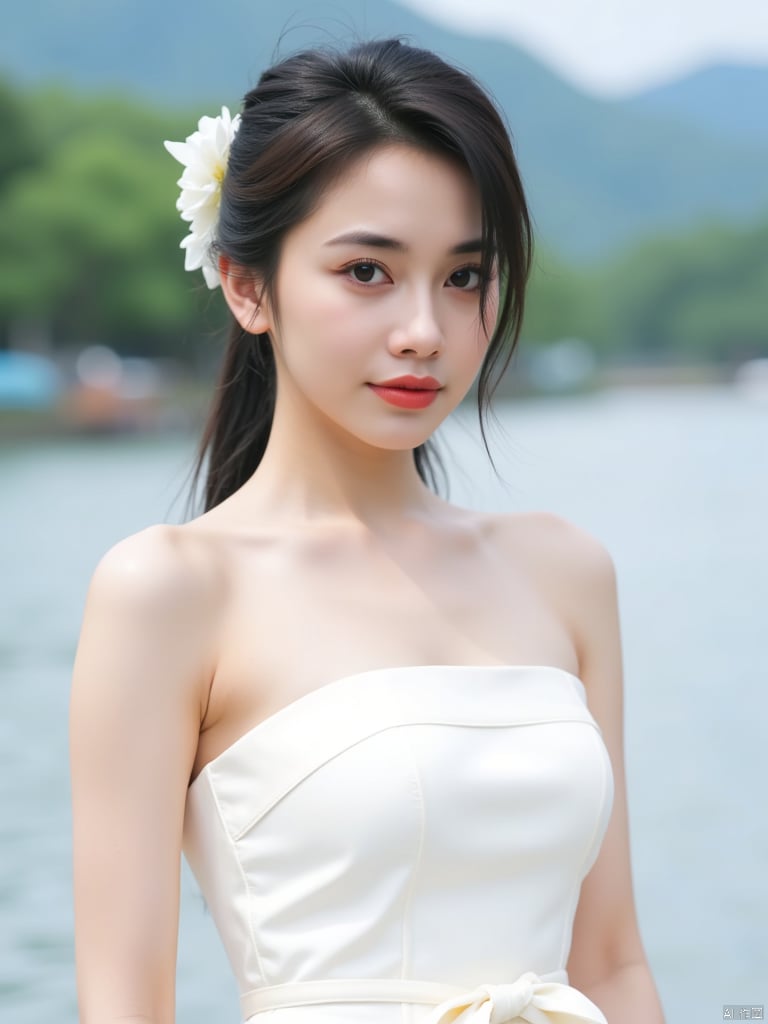 a young Asian woman
dressed in a white strapless dress
adorned with a white belt tied around her waist. Her hair is pulled back in a ponytail
with a small white flower pinned into her hair. She is standing in front of a body of water
with trees and a mountain in the background. The woman's eyes are a deep blue
and her lips are a vibrant red
adding a pop of color to the scene. The backdrop is blurred
creating a peaceful and serene atmosphere.
