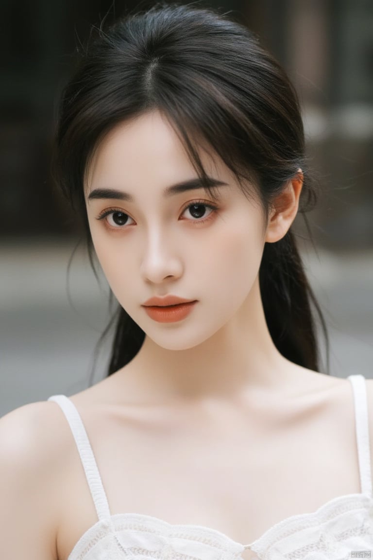 a close-up shot of a young Asian woman with dark brown hair and brown eyes. She is wearing a white sleeveless blouse with a low neckline that is adorned with white embroidery. Her hair is pulled back in a ponytail, adding a touch of texture to her face. The backdrop is blurred, creating a stark contrast to the woman's white dress.