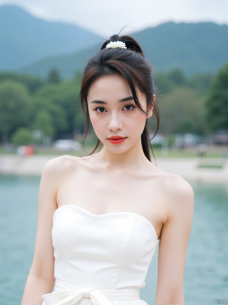 a young Asian woman
dressed in a white strapless dress
adorned with a white belt tied around her waist. Her hair is pulled back in a ponytail
with a small white flower pinned into her hair. She is standing in front of a body of water
with trees and a mountain in the background. The woman's eyes are a deep blue
and her lips are a vibrant red
adding a pop of color to the scene. The backdrop is blurred
creating a peaceful and serene atmosphere.
