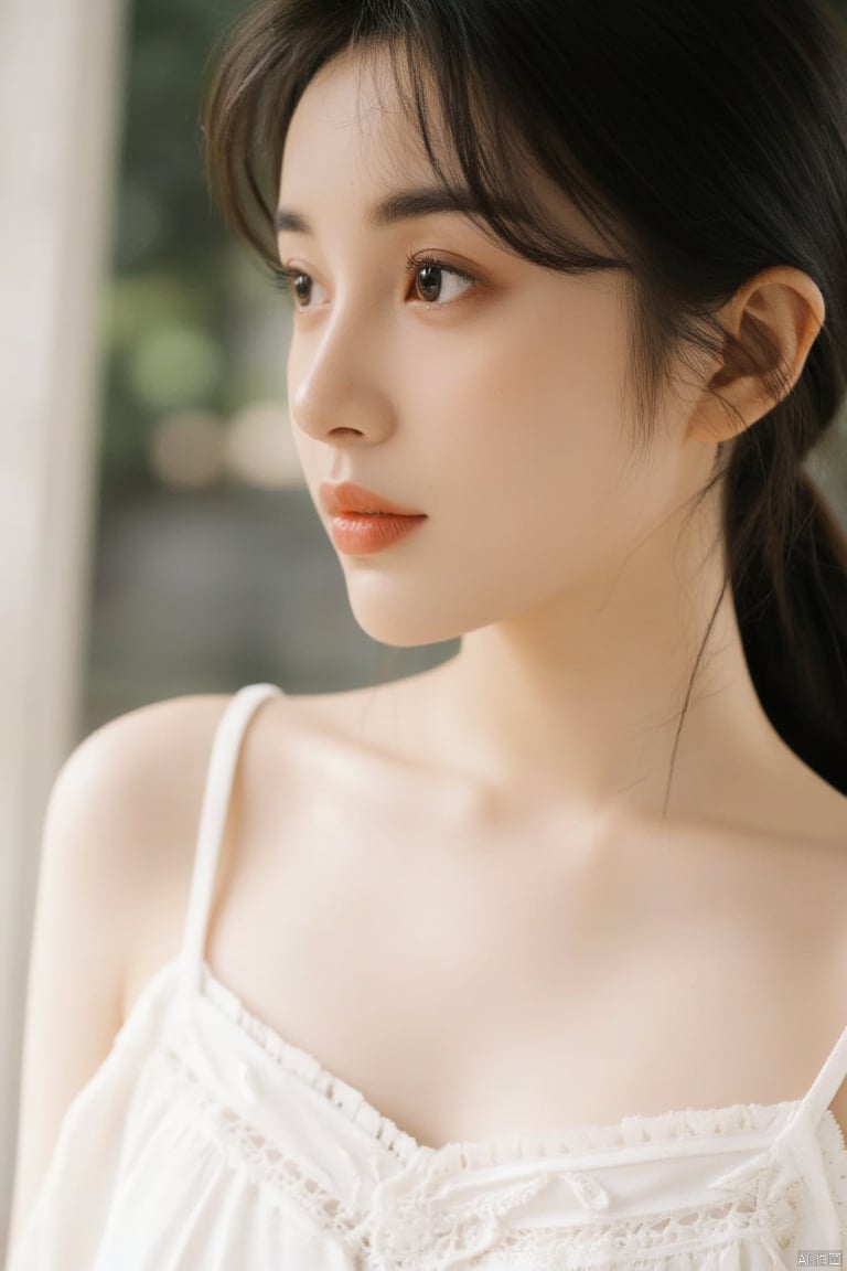 a close-up shot of a young Asian woman with dark brown hair and brown eyes. She is wearing a white sleeveless blouse with a low neckline that is adorned with white embroidery. Her hair is pulled back in a ponytail, adding a touch of texture to her face. The backdrop is blurred, creating a stark contrast to the woman's white dress.