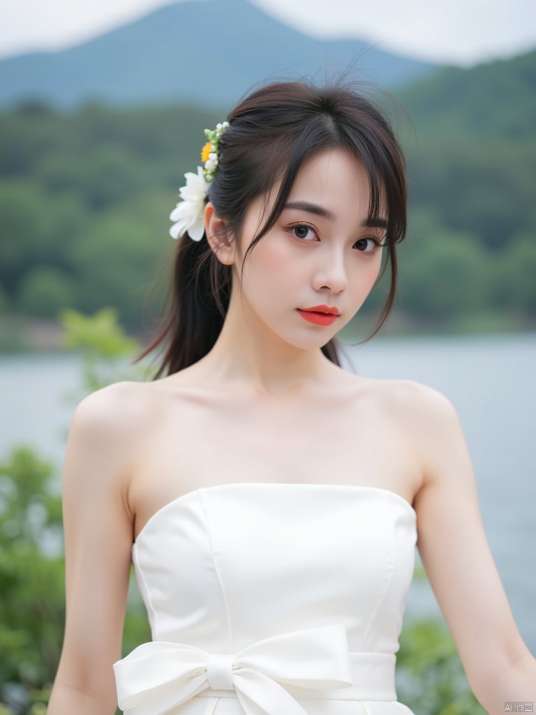 a young Asian woman
dressed in a white strapless dress
adorned with a white belt tied around her waist. Her hair is pulled back in a ponytail
with a small white flower pinned into her hair. She is standing in front of a body of water
with trees and a mountain in the background. The woman's eyes are a deep blue
and her lips are a vibrant red
adding a pop of color to the scene. The backdrop is blurred
creating a peaceful and serene atmosphere.
