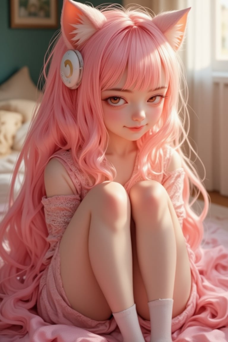 A masterpiece of an anime illustration!

Depict a shy girl with adorable features, donning pink hair styled into absurdly long strands that cascade down her back. Her skin glistens with a subtle sheen, as if oiled to perfection. She wears white socks and cat ear and tail accessories, all while sporting a pink-themed outfit.

The scene is set indoors, with the subject's full body visible from head to toe. Her bangs and long hair frame her face, which glows with a soft blush. Her legs and knees are relaxed, as if she's sitting or standing in a comfortable pose.

Surround her with a warm, ambient lighting that creates a cozy atmosphere. Ensure the focus is sharp, with textures and details so fine they could be seen with 4K clarity. The result should resemble an exquisite anime wallpaper, worthy of being displayed at 8K resolution.