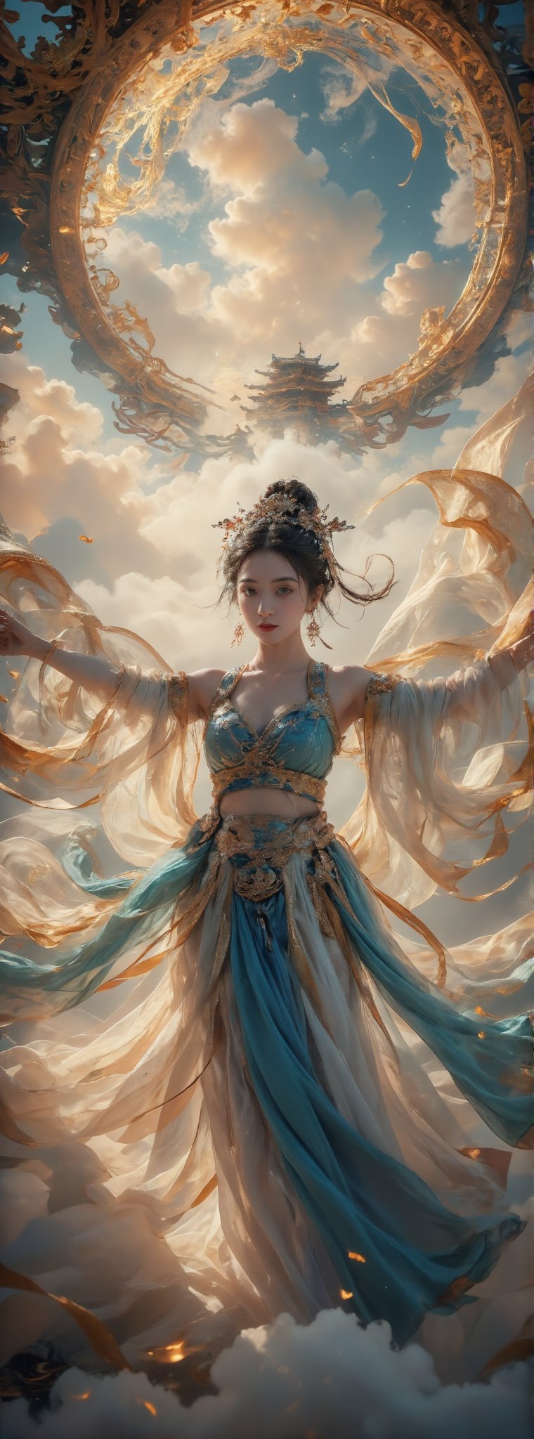 Score_9, score_8_up, score_7_up, A majestic masterpiece! a stunning oriental Goddess descends from the sky in an elegant dance pose,((light teal hair)) her flowing white Hanfu adorned with intricate blue embroidery and sparkling jewelry, shimmering in soft golden light. The fisheye lens captures the grandeur of her movement as she stretches out her hands, against a vibrant cloudscape with the ancient palace rising from the foggy horizon, like a palace in the sky, with high contrast and subtle grayscale tones. Movie special effects style. 