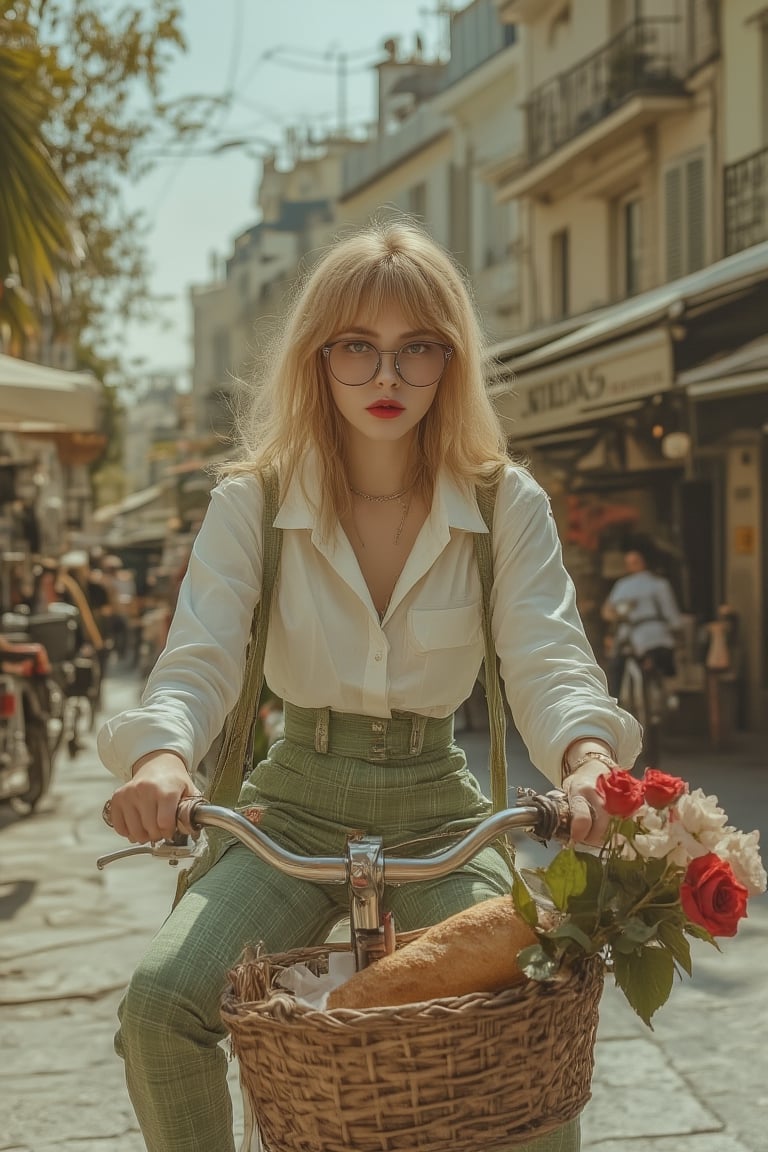 A woman with blonde hair and glasses wearing an oversized white shirt and green checkered pants, with red lipstick, holding roses in one hand while riding her bike down the streets of Paris in a TikTok video. She is also carrying a large baguette-style French bread inside her shoulder bag. The photo was taken from behind her using a GoPro camera,Midjourney v6