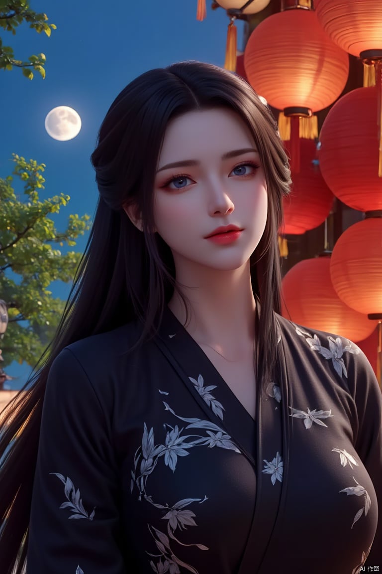 A woman with long dark hair and blue eyes. She is wearing a black kimono with white flowers on it. She has a smile on her face. Behind her are Chinese lanterns. The lanterns are red. The sky is blue with a white moon. There is a tree with green leaves on it in the background.


