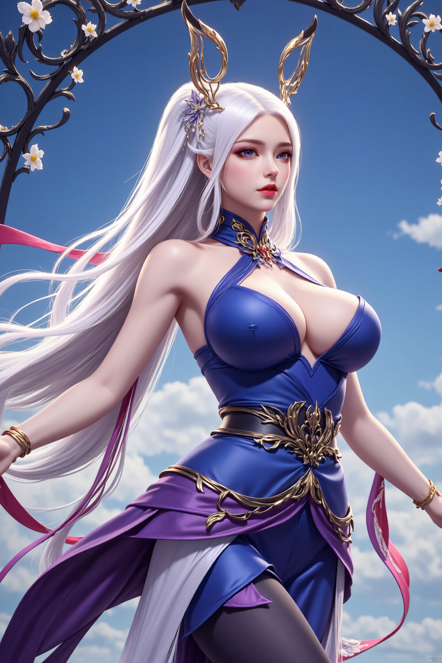 A woman with long white hair and blue eyes. She is wearing a blue and purple outfit with a gold belt. Her arms are outstretched and she is holding a red and white ribbon. The woman's hair is blowing in the wind and she has a bow on her head. There is a blue archway behind her with white flowers on it.


