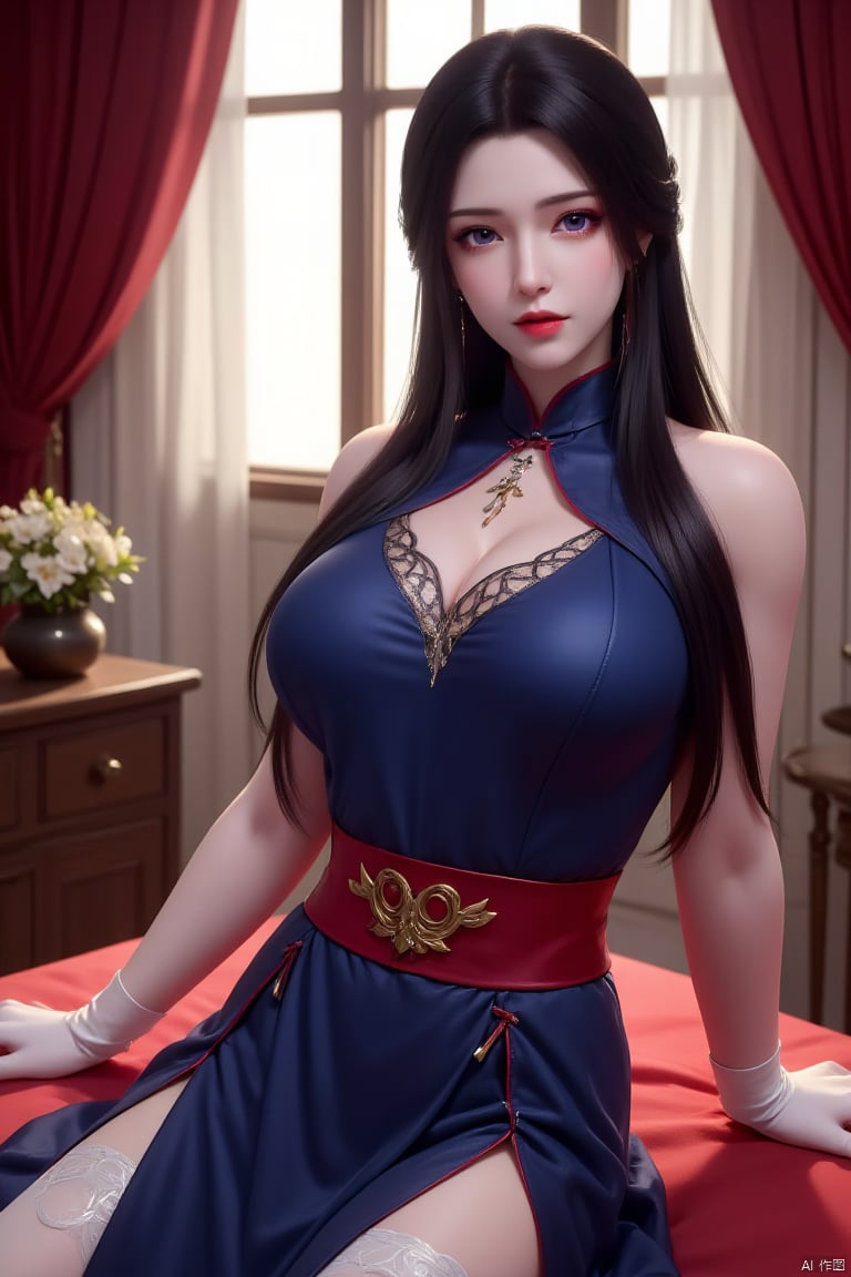 A woman with long black hair and purple eyes. She is wearing a blue dress with a red belt around her waist. The belt has a gold emblem on it. The woman is wearing white gloves on her hands. She's sitting on a red table cloth. Behind her is a window with red curtains. To the left of the window is a wooden cabinet with a vase of white flowers in it.


