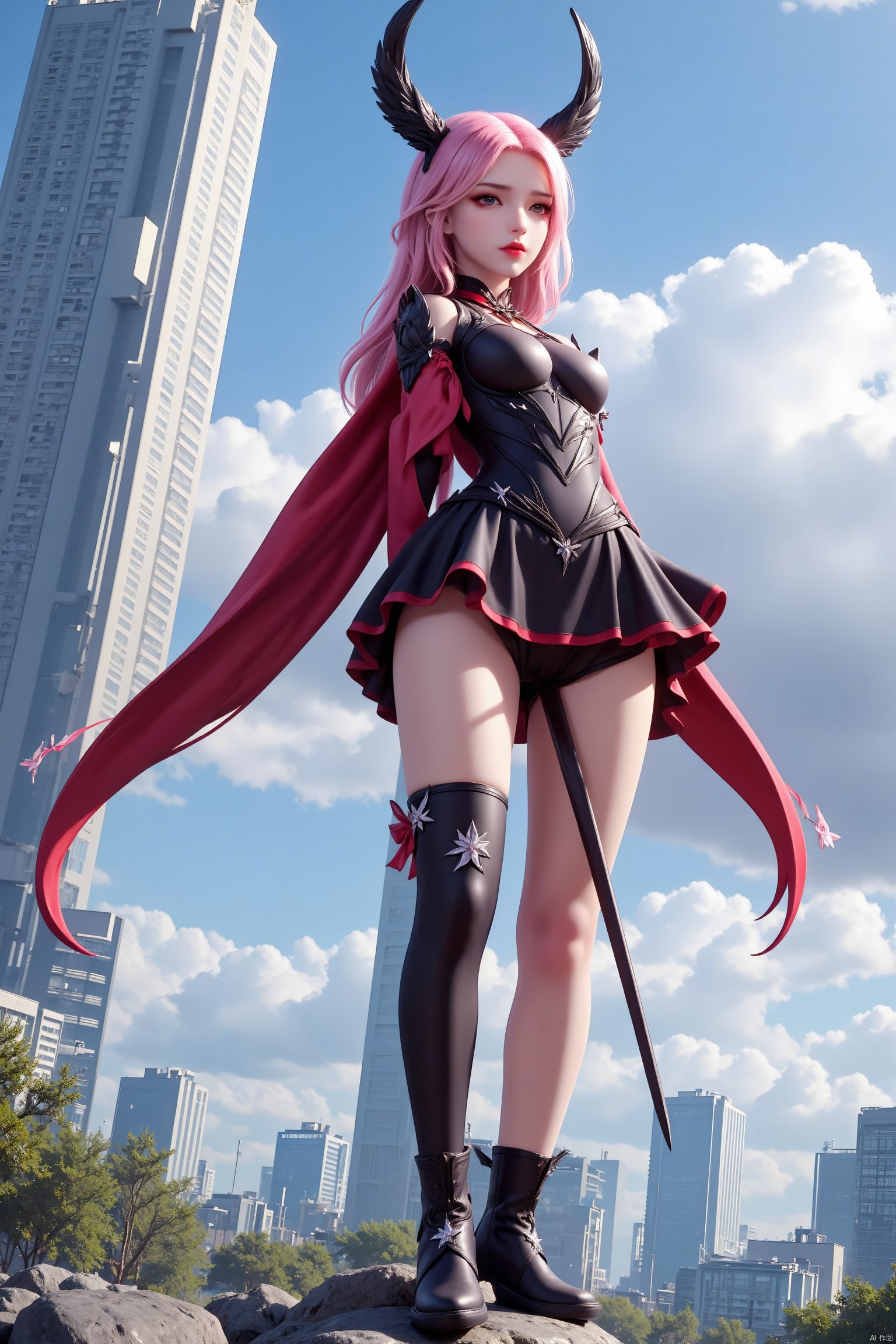 A girl with pink hair and horns on her head. She is wearing a black and red outfit with black boots. Her boots are black and white with white stars on them. The girl is holding a black sword in her right hand. Her wings are long and red. The sky is blue with white clouds. There are tall buildings in the background behind the girl.


