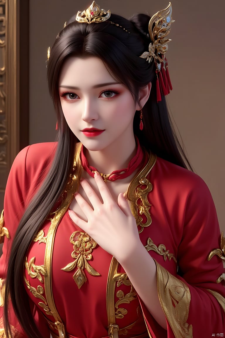 A woman adorned in an elaborate traditional Chinese outfit. She wears a striking red dress with intricate golden embroidery featuring floral patterns. Her hair is styled in a classic Chinese manner,secured with ornate accessories that include jeweled pins and combs. The woman's makeup is reminiscent of ancient Chinese beauty standards,characterized by vibrant red lips and subtle eye shadow. She poses gracefully,her hand lightly touching her chest,conveying a sense of serenity and elegance.,
