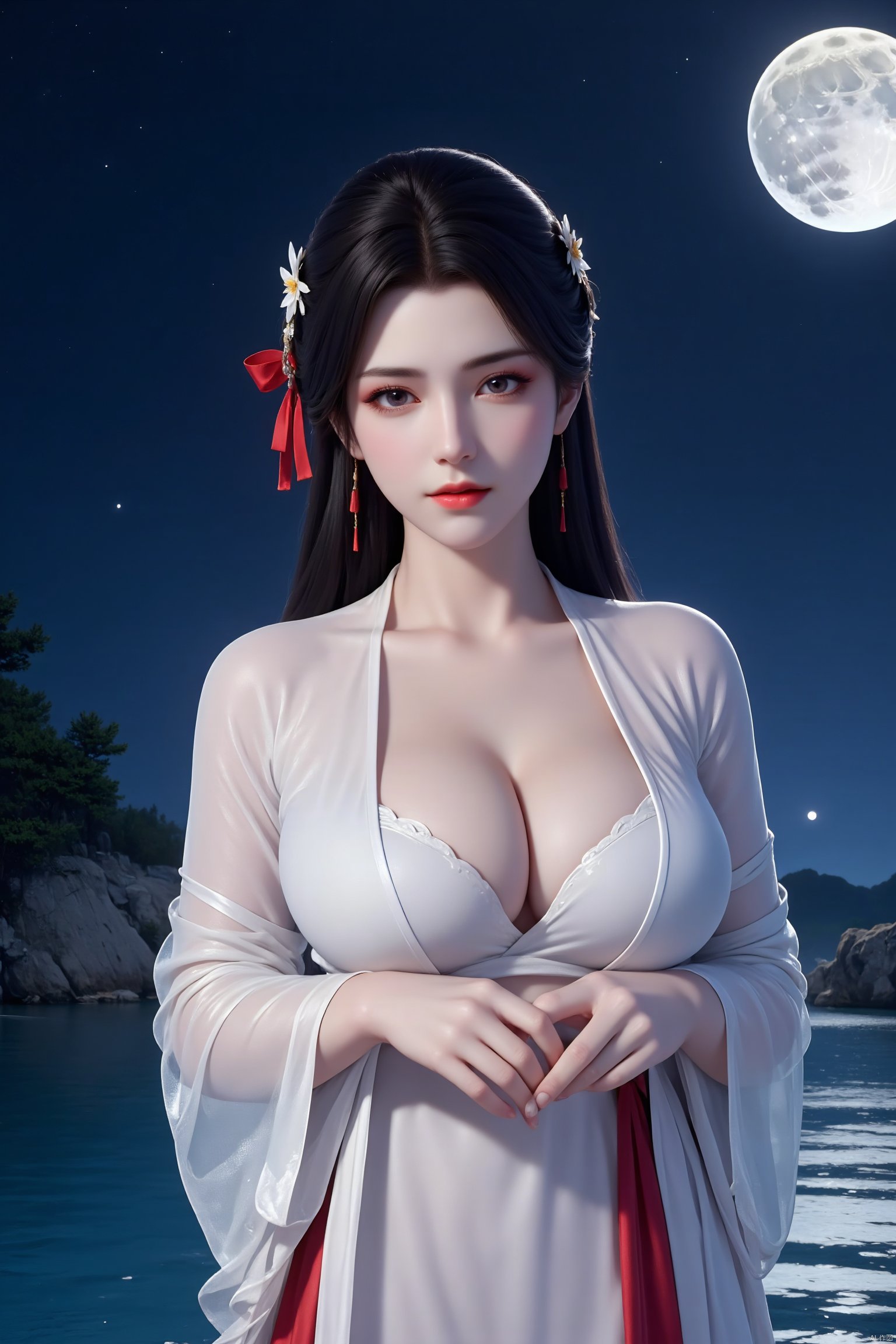 a medium-sized Asian woman, dressed in a white kimono, adorned with a red ribbon, stands in a body of water. Her hair is styled in a traditional Asian fashion, with long black hair tied up in a bow at the top of her head. She is adorned with two white flowers, adding a touch of color to her outfit. Her eyes are a piercing, and her lips are a darker shade of red. Her hands are positioned in front of her face, while her head is turned slightly to the right. The background is a deep blue, with a moon visible in the upper right corner of the frame.


