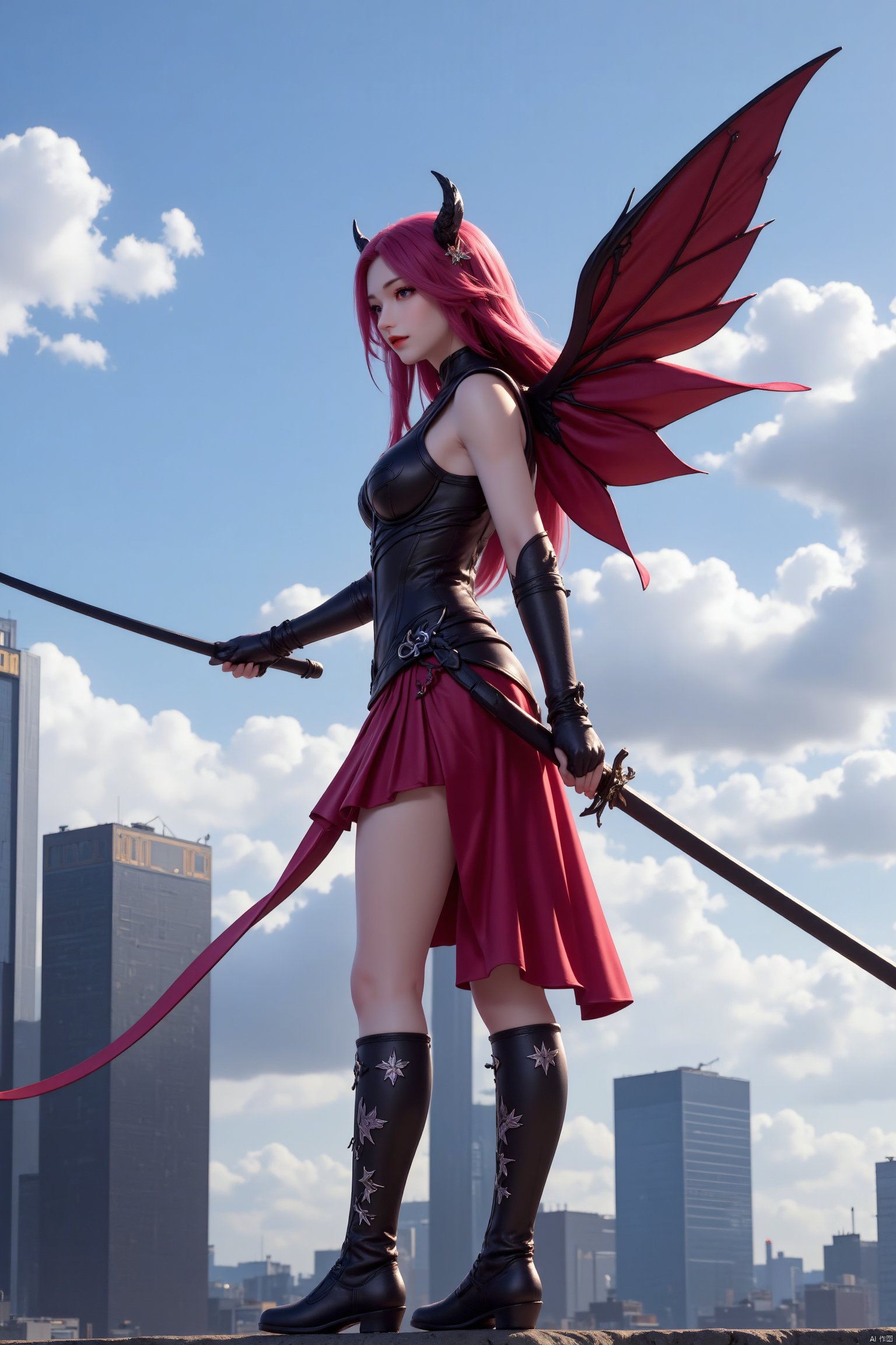 A girl with pink hair and horns on her head. She is wearing a black and red outfit with black boots. Her boots are black and white with white stars on them. The girl is holding a black sword in her right hand. Her wings are long and red. The sky is blue with white clouds. There are tall buildings in the background behind the girl.


