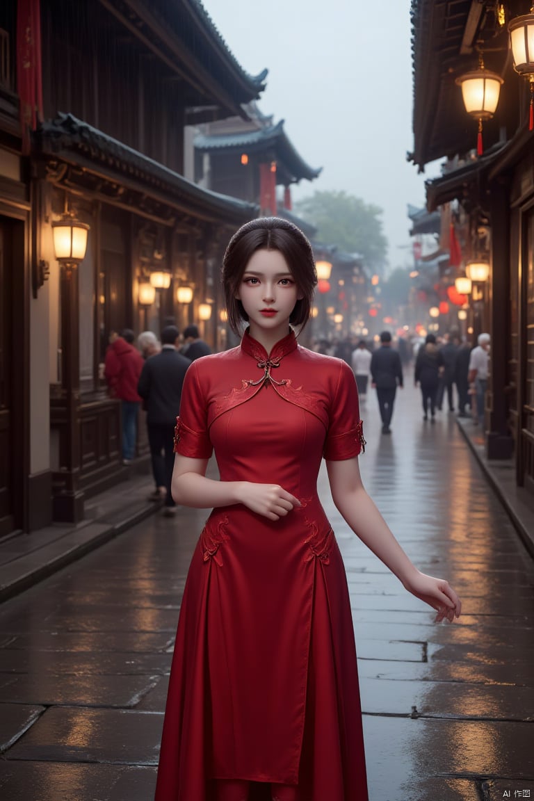 A scene full of Eastern style,featuring a young woman in a red qipao at the center. Her hairstyle is short and neat,and her face is calm. She stands on a wet stone path,with ancient buildings on both sides decorated with red lanterns and signs. The style of these buildings suggests that this may be a historic district. It is raining in the sky,and raindrops are falling,creating a hazy beauty. Behind the woman is a busy street,with people walking and chatting,some busy with their activities. The lights on the street and the rain reflect each other,giving a sense of tranquility and liveliness.,
