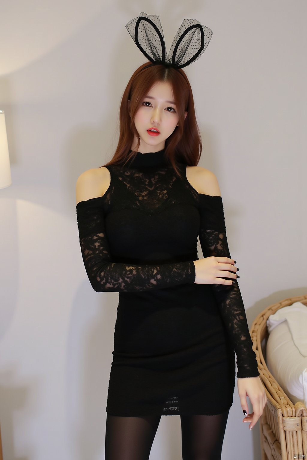 Stylish fashion moment with a playful twist, featuring an elegant black dress and bunny ears,black_pantyhose, 