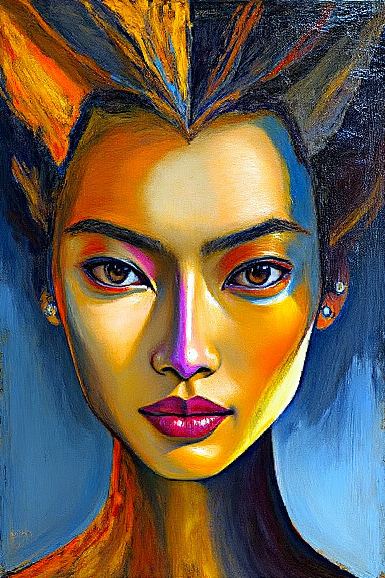 "In the style of Remedios Varo and Ian McQue, create an abstract, neo-expressionist painting of a (tall, skinny, beautiful Asian supermodel:1.0) with (extremely heavy, textured impasto brush strokes:1.0), but focus on keeping the (brushwork clean and polished:1.0). Ensure a (high level of sharpness, making facial features clear and distinct:1.0), and use (crisp, defined edges:1.0). The overall finish should feel refined, with no smudges or rough, dirty textures. Use vibrant colors with smooth blending and layering to bring a sense of sophistication and clarity to the composition. Avoid grunge effects, and maintain a clean, pristine atmosphere throughout the painting.",surrealportraits