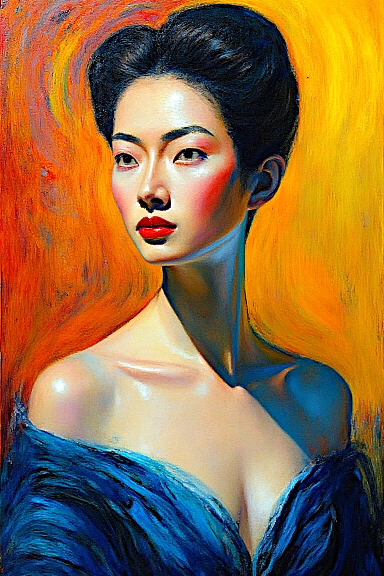 (Masterpiece, vibrant colors, high contrast, dynamic lighting) A surreal, abstract impressionist painting of a classically styled portrait, featuring the subject from the upper body up, including the head, shoulders, and part of the torso, but with exaggerated and dreamlike elements. The subject’s face, while poised and introspective, is slightly distorted with fluid, flowing contours, where the eyes and bold red lips stand out as striking focal points in an otherwise abstract composition. The deep blue draped fabric surrounding the subject's shoulders and upper body melts into the background, blending seamlessly with surreal forms and colors, creating a sense of movement and ambiguity. The skin has a soft, glowing quality with warm undertones, but it shifts and blurs in places, giving the subject an ethereal, otherworldly presence. The hair, styled in an elegant updo, dissolves into soft, abstract strokes, catching the light in unexpected, almost fantastical ways. The background is a vibrant swirl of warm gradients and abstract shapes, transitioning between bold, exaggerated tones that complement the subject’s complexion, adding depth and a dreamlike atmosphere to the image. The lighting is dynamic, casting surreal, golden light from the upper left that distorts the subject’s features in an impressionistic manner, with shadows and highlights morphing and blending across the composition. The painting is alive with vivid colors and high contrast, with textured brushstrokes creating an interplay between form and abstraction, conveying a serene yet surreal mood. Rendered in HDR and 8K resolution, the image retains exceptional clarity, despite its abstract nature, with the subject’s fluid features, vibrant fabric, and the swirling background blending into a striking, dreamlike composition that feels both emotional and otherworldly.