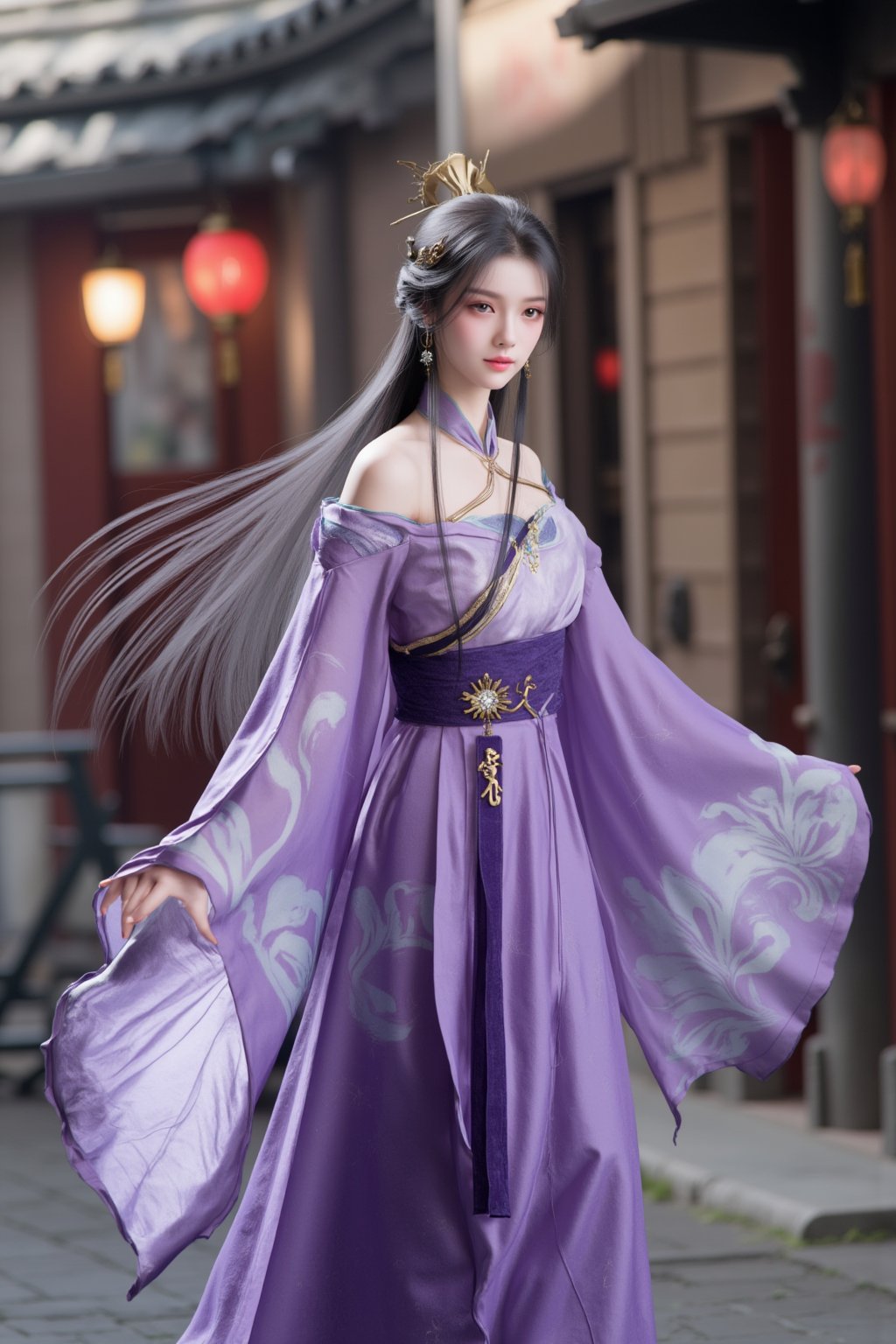 A school girl,solo ,XxiaoxunerX,purple Hanfu, lotus, Yunnan ancient town street