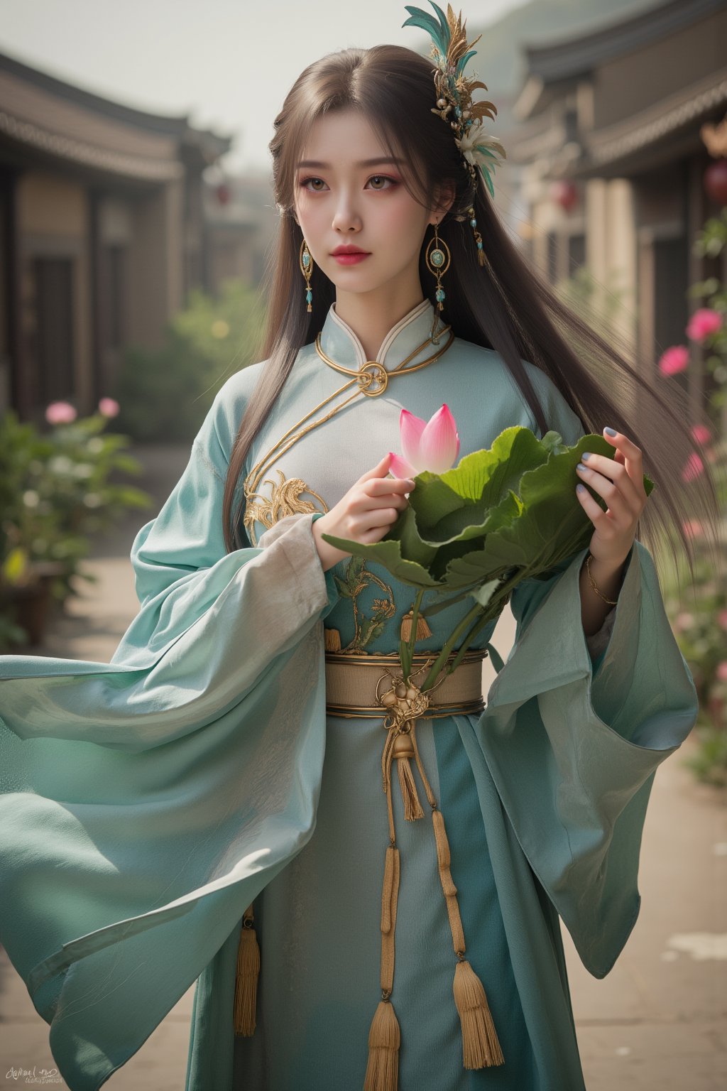 A school girl,solo ,XxiaoxunerX,bule Hanfu, lotus, Yunnan ancient town street