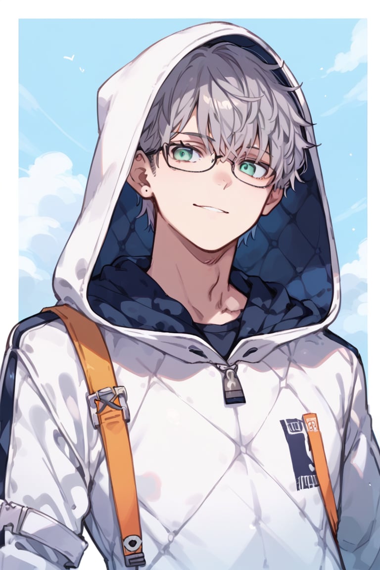 score_9, score_8_up, score_7_up, score_6_up, score_5_up, score_4_up, source_anime, beautiful eyes, male focus, looking at viewer, 1boy, light smile, upper body, face close up,
jacques de molay, grey hair, green eyes, glasses,
(toned male:1.2), hoodie, hooded jacket, white jacket, quilted,