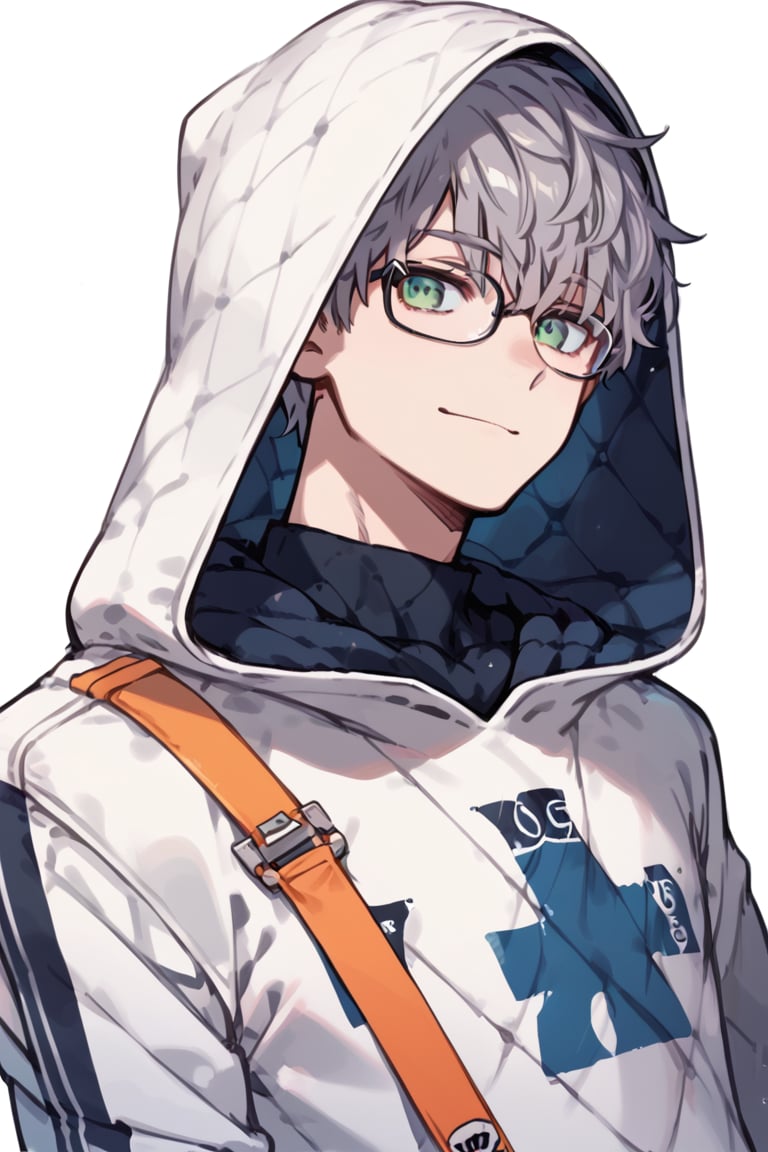 score_9, score_8_up, score_7_up, score_6_up, score_5_up, score_4_up, source_anime, beautiful eyes, male focus, looking at viewer, 1boy, light smile, upper body, face close up,
jacques de molay, grey hair, green eyes, glasses,
(guy:1.2), toned male, hoodie, hooded jacket, white jacket, quilted,