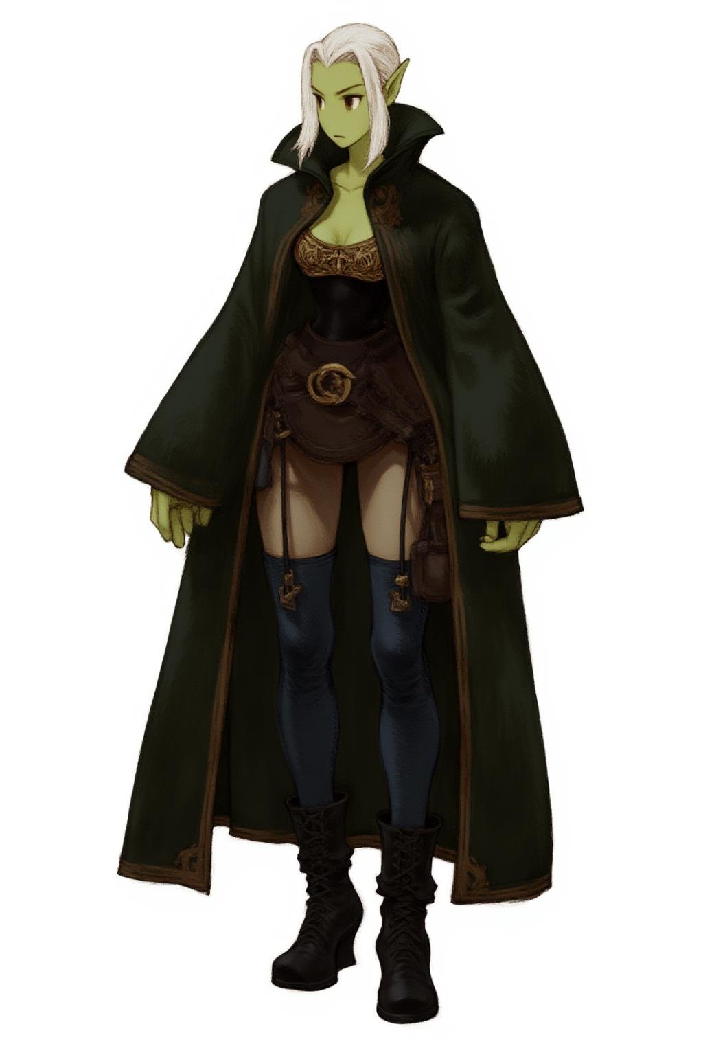 full-body medieval fantasy character of a nude, muscular green skin humanoid female orc,  simple background, white background,  The orc has green skin, pointed ears, short hair, white hair, brown eyes, emphasizing the rugged, warrior-like appearance of the orc,  a fantastical  female orc warlock,  The character is dressed in a dark, medieval-style outfit,  The long sleeves garment is a long, dark green coat with a high collar, adorned with gold accents and intricate designs,on her shirt hoodie with cloak, dressed in a long, dark brown coat that reaches the ankles, with a fitted, black corset-style top underneath,  Underneath the coat, the character wears a black tunic with gold detailing, Her attire includes a brown leather belt,   and a pouch attached to the belt,  and a pair of dark, form-fitting pants,  she wears dark blue jeans and knee-high black boots with intricate lacing,