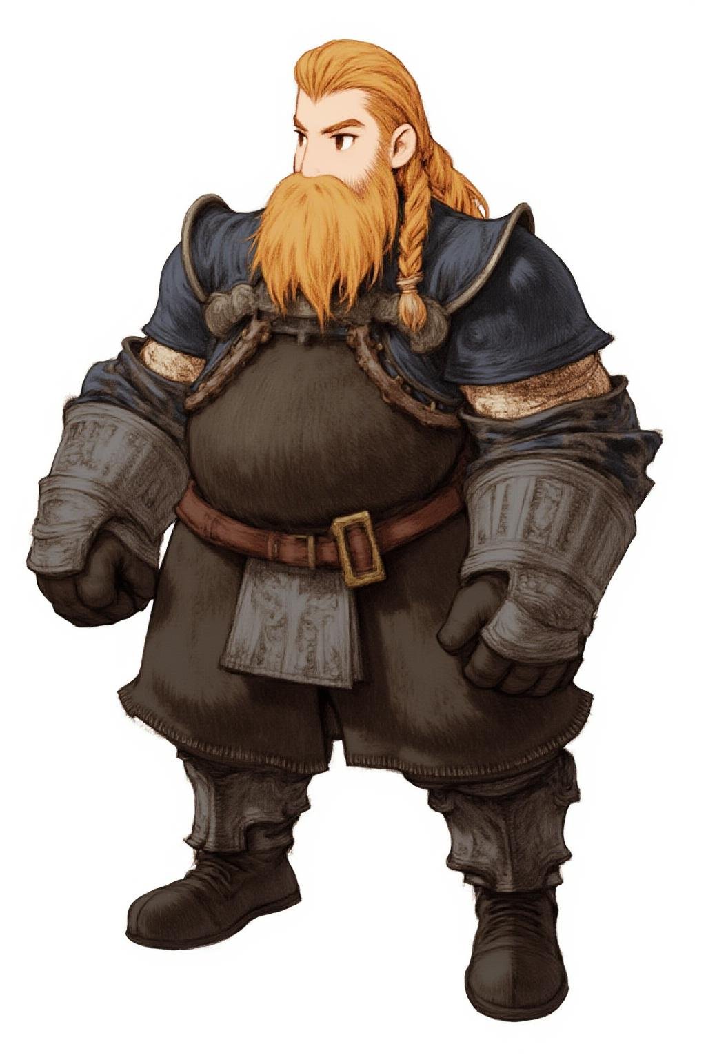 full body medieval fantasy character of a fat plus-size male short dwarf, Gnome, Halfling, 1boy, young, kid, teenage,   simple background, white background,  This is a digital drawing of a large, imposing, muscular, and short dwarf warrior,  The character has a light skin tone and short, long blonde messy hair and braids,  His eyes are half-lidded and slightly narrowed, adding to his cool, unimpressed demeanor,  He has a small, straight nose and thin, slightly brushy arched eyebrows that give him a slightly stern appearance,   The dwarf fighter has a rugged, weathered appearance, a thick, bushy beard,  His armor is a mix of metallic gray and black, with intricate patterns and engravings, suggesting a high level of craftsmanship, The armor covers his torso, arms, and legs, with a prominent breastplate and pauldrons,   His hands are gloved in black leather,  A suit of plate armor includes gauntlets, heavy leather boots, back armor, and thick layers of padding underneath the armor, Buckles and straps distribute the weight over the body, and fur-trimmed leggings under mail armor, ensuring the focus remains on the warrior and his attire,  The overall aesthetic is medieval fantasy,