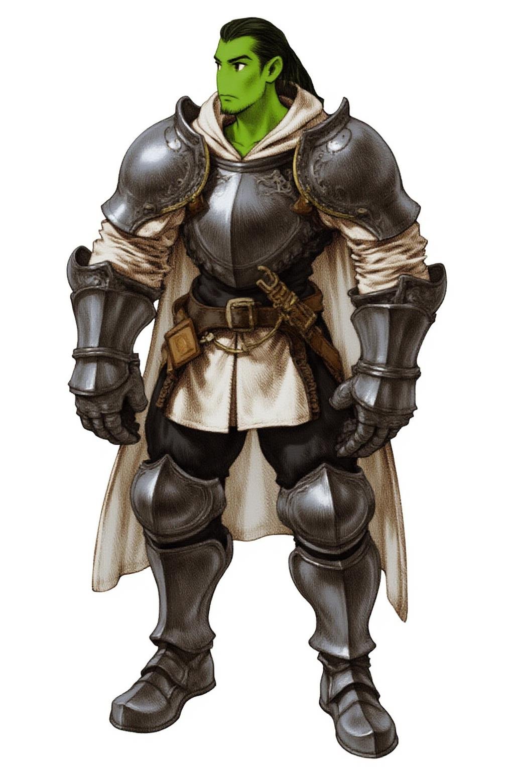 full-body medieval fantasy character of a green skin humanoid male orc,   simple background, white background,  The orc has green skin, pointed ears,  his hair is dark and pulled back into a ponytail, emphasizing the rugged, warrior-like appearance of the orc,  a male orc paladin, a medieval knight.  He is clad in gleaming silver armor, meticulously crafted with intricate patterns and engravings,  The armor covers his entire body, including a breastplate on his white shirt hoodie coat, shoulder guards, elbow guards, gauntlets, thigh guards, and knee guards, steel boots,steel gloves, The breastplate has a steel collar around the neck,