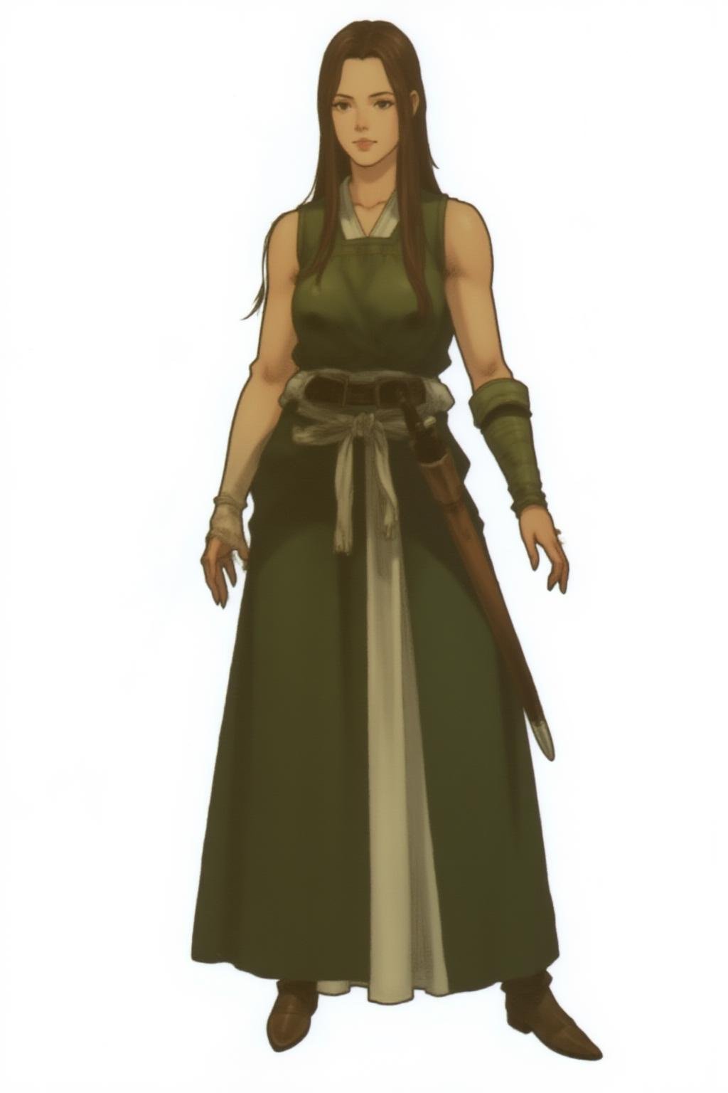 full body medieval fantasy character of a woman,  simple background, white background,  an Asian woman with fair skin and long, straight, dark brown hair. She has a symmetrical face with delicate features, including a small nose, full lips with a natural pink hue, and slightly arched eyebrows. Her eyes are almond-shaped and dark, brown eyes, with a subtle hint of makeup, enhancing their natural beauty.       a female human monk is dressed in a dark green sleeveless vest over a white, sleeveless tunic,  The tunic is tied at the waist with a green bandage belt wrapped around the waist,  and the vest has a series of white, tassel-like adornments along the edges, The creature's lower body is wrapped in a dark green cloth, secured with a green bandage belt,  and natural green leggings under the cloth, Green wraps are also tied around the warrior’s feet, giving the impression of bandaged boots.  The character’s hands are adorned with similar green wraps bandage elbow-length gloves,