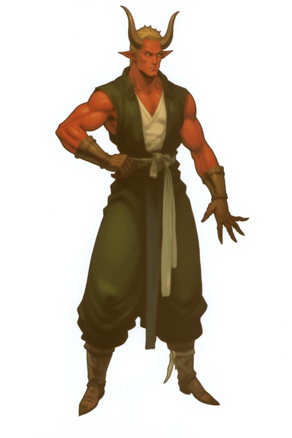 full-body medieval fantasy character of a male Tiefling man with distinct, demonic features,  simple background, white background,  he has short, (blonde hair), red skin, Slender and muscular, and two prominent, curved horns protruding from his forehead,  his eyes are a vivid, glowing yellow, adding a supernatural element to his appearance.  his ears are elongated and pointed, characteristic of a demon,  a male Tiefling monk is dressed in a dark green sleeveless vest over a white, sleeveless tunic,  The tunic is tied at the waist with a green bandage belt wrapped around the waist,  and the vest has a series of white, tassel-like adornments along the edges, The creature's lower body is wrapped in a dark green cloth, secured with a green bandage belt,  and natural green leggings under the cloth, Green wraps are also tied around the warrior’s feet, giving the impression of bandaged boots.  The character’s hands are adorned with similar green wraps bandage elbow-length gloves,