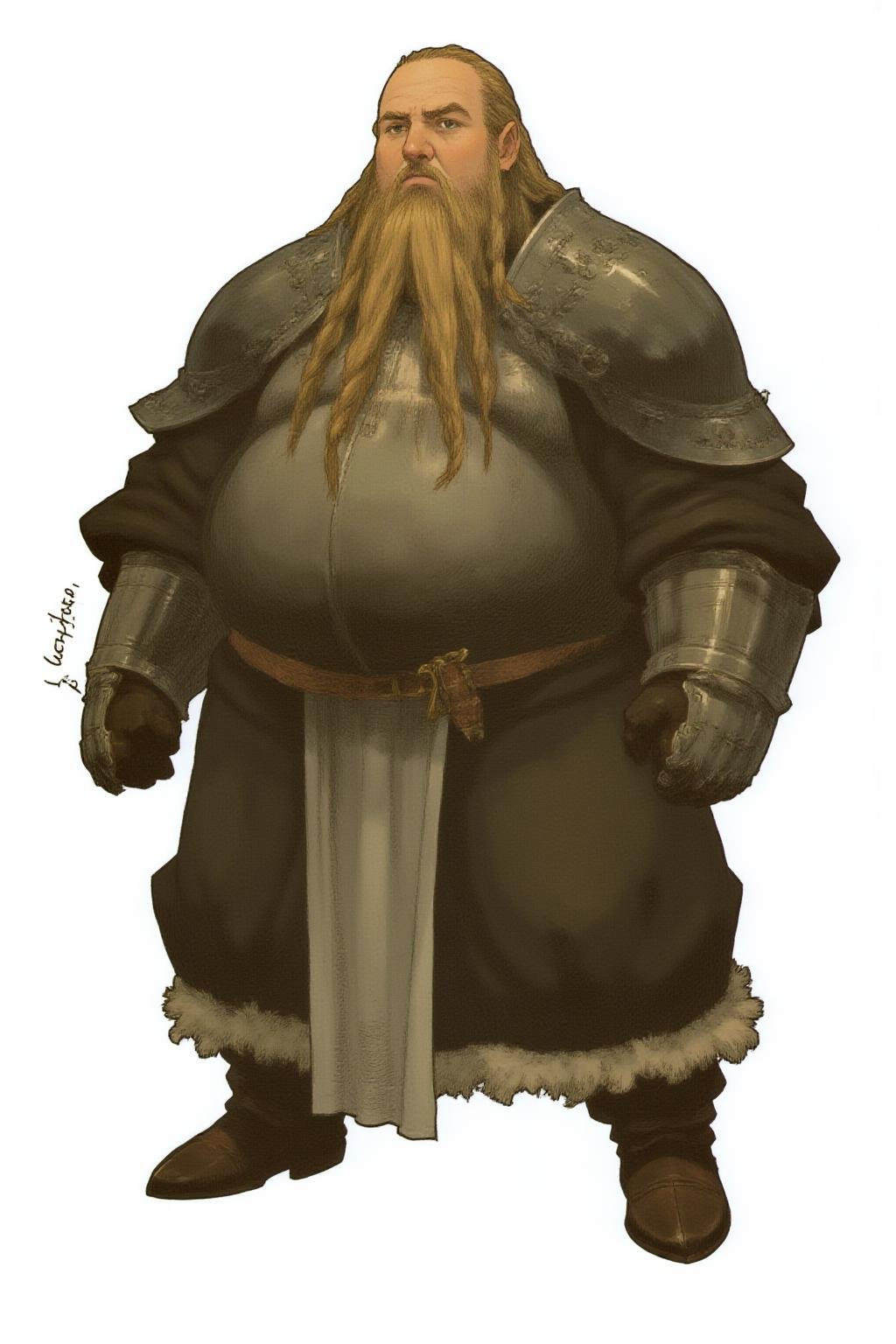 full body medieval fantasy character of a fat plus-size male short dwarf, Gnome, Halfling, 1boy, young, kid, teenage,   simple background, white background,  This is a digital drawing of a large, imposing, muscular, and short dwarf warrior,  The character has a light skin tone and short, long blonde messy hair and braids,  His eyes are half-lidded and slightly narrowed, adding to his cool, unimpressed demeanor,  He has a small, straight nose and thin, slightly brushy arched eyebrows that give him a slightly stern appearance,   The dwarf fighter has a rugged, weathered appearance, a thick, bushy beard,  His armor is a mix of metallic gray and black, with intricate patterns and engravings, suggesting a high level of craftsmanship, The armor covers his torso, arms, and legs, with a prominent breastplate and pauldrons,   His hands are gloved in black leather,  A suit of plate armor includes gauntlets, heavy leather boots, back armor, and thick layers of padding underneath the armor, Buckles and straps distribute the weight over the body, and fur-trimmed leggings under mail armor, ensuring the focus remains on the warrior and his attire,  The overall aesthetic is medieval fantasy,