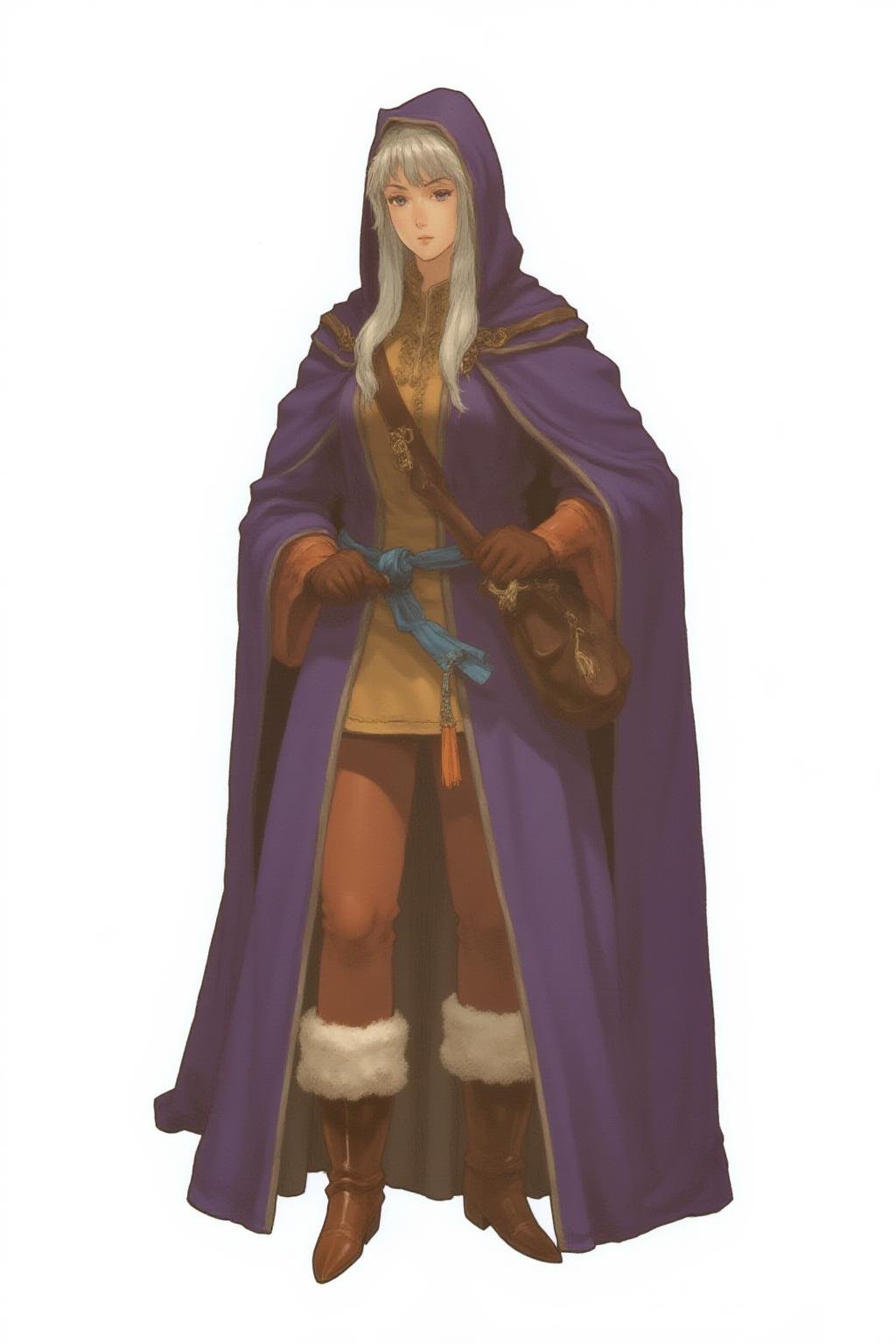 full body medieval fantasy character of a female elf, 1girl,   simple background, white background,  an elf with distinct elven features, Slender and Graceful,  The elf has fair skin, bobbed, long white hair and pointed ears,  and she has expressive purple eyes with a slight upward tilt, giving her a gentle, serene appearance,    a female elf Bard musician adventurer dressed in medieval-style attire, with a mix of practical and elegant elements, dressed in a long, flowing purple and gold robe that drapes over their shoulders,  with a deep purple cape that flows behind them,  The robe has intricate gold trim and a blue belt around the waist,  They wear brown leather boots and brown leather gloves,  and fur-trimmed leggings, A brown leather satchel is slung over their left shoulder, with a small, orange tassel hanging from it,