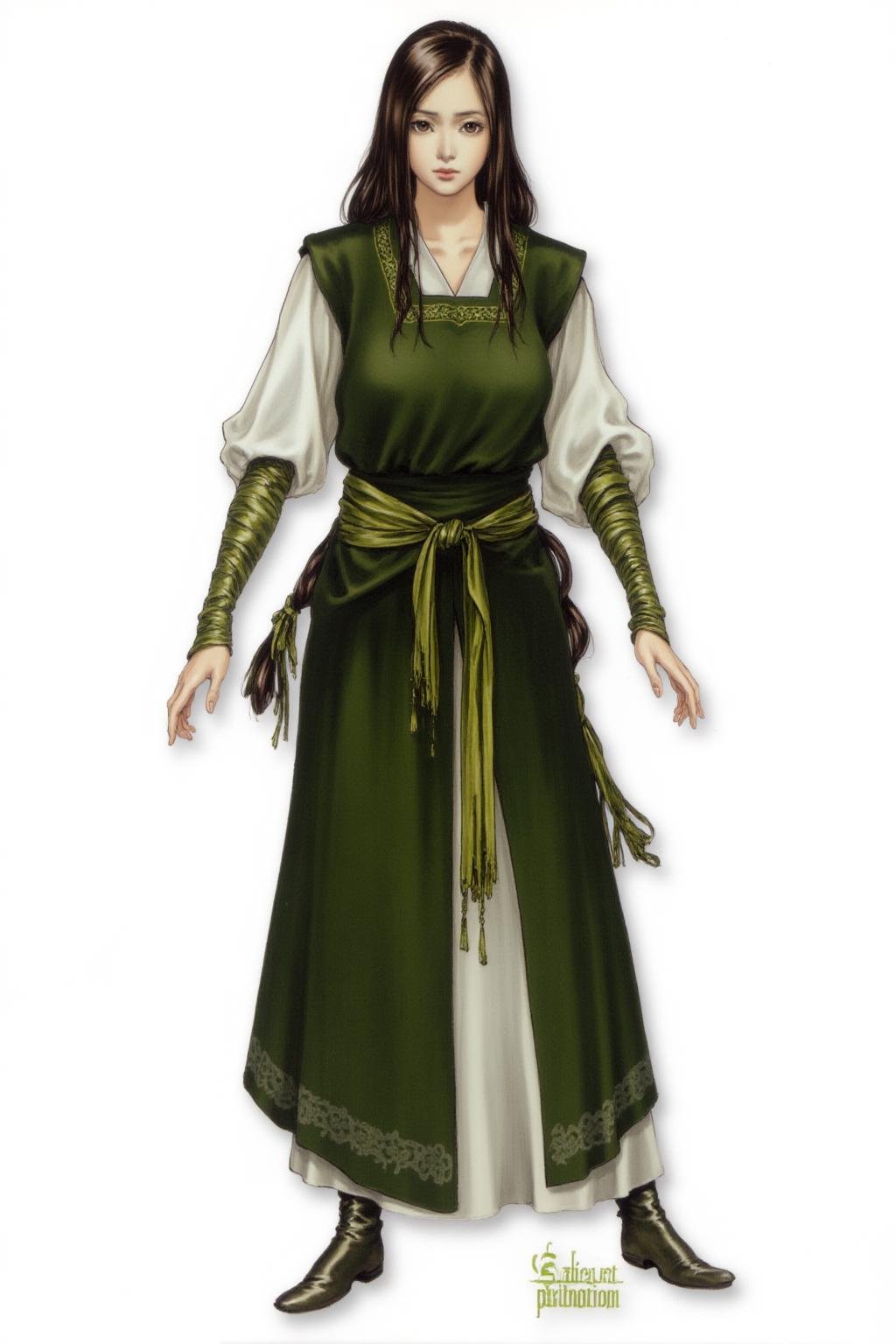 full body medieval fantasy character of a woman,  simple background, white background,  an Asian woman with fair skin and long, straight, dark brown hair. She has a symmetrical face with delicate features, including a small nose, full lips with a natural pink hue, and slightly arched eyebrows. Her eyes are almond-shaped and dark, brown eyes, with a subtle hint of makeup, enhancing their natural beauty.       a female human monk is dressed in a dark green sleeveless vest over a white, sleeveless tunic,  The tunic is tied at the waist with a green bandage belt wrapped around the waist,  and the vest has a series of white, tassel-like adornments along the edges, The creature's lower body is wrapped in a dark green cloth, secured with a green bandage belt,  and natural green leggings under the cloth, Green wraps are also tied around the warrior’s feet, giving the impression of bandaged boots.  The character’s hands are adorned with similar green wraps bandage elbow-length gloves,