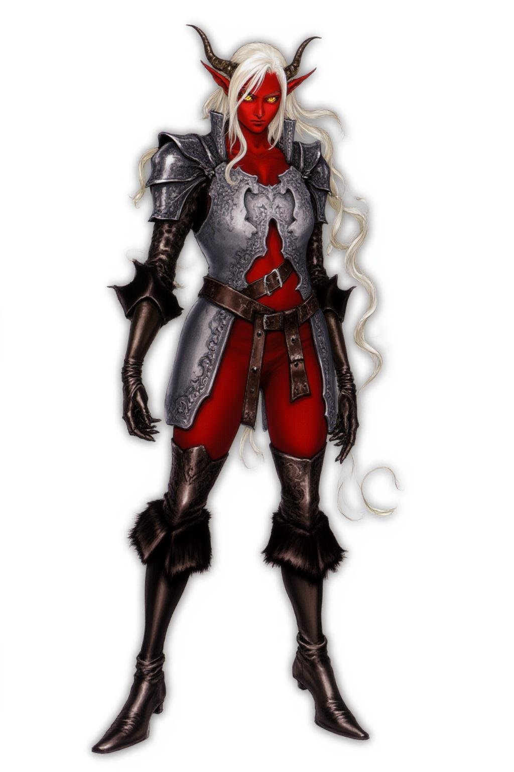 full-body medieval fantasy character of a female Tiefling woman with striking red skin and distinct, demonic features,   simple background, white background,  colored skin, oni,     She has long, white hair, side swept bangs, sidelocks, Slender and elegant, and two prominent, curved horns protruding from her forehead,  Her eyes are a vivid, glowing orange, adding a supernatural element to her appearance.  Her ears are elongated and pointed, characteristic of a demon,  She is a tiefling fighter warrior knight wearing plate armor,  her armor is a mix of metallic gray and black, with intricate patterns and   engravings, suggesting a high level of craftsmanship, The armor covers her torso, arms, and legs, with a prominent breastplate and pauldrons,   her hands are gloved in black leather,  A suit of plate armor includes gauntlets, heavy leather boots, back armor, and thick layers of padding underneath the armor, Buckles and straps distribute the weight over the body, and black fur-trimmed leggings trouses pants and tunic vest arming garment under mail armor, ensuring the focus remains on the warrior,  The overall aesthetic is medieval fantasy,