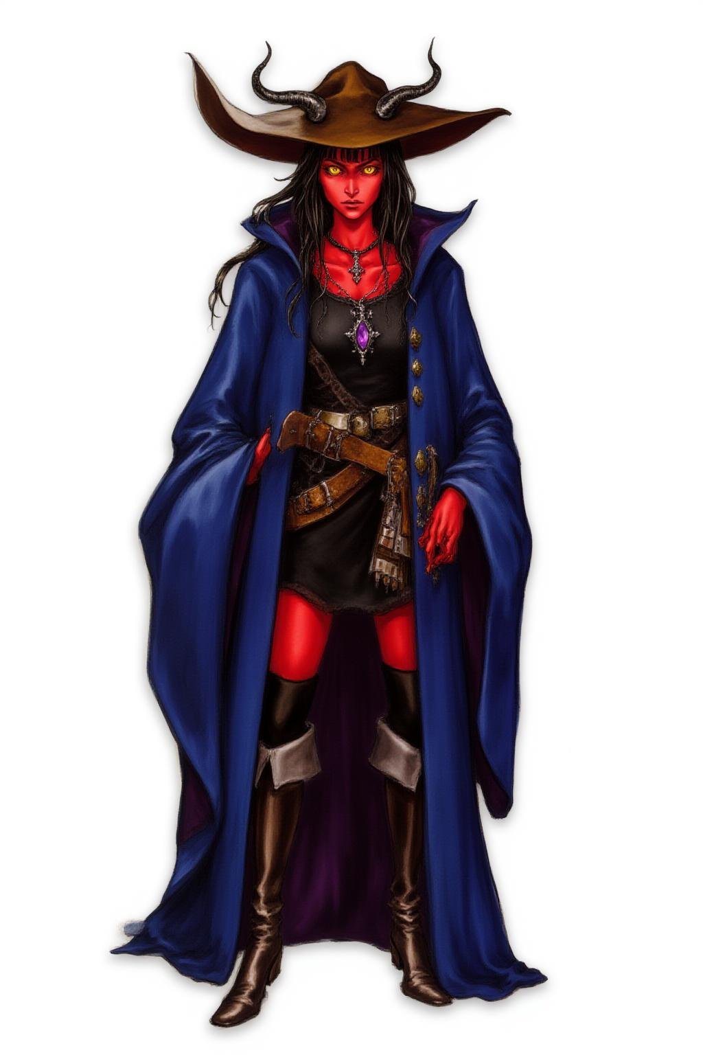 full-body medieval fantasy character of a female Tiefling woman with striking (red skin) and distinct, demonic features,  simple background, white background,   colored skin, oni,     long hair, bangs, black hair, glowing orange eyes, blunt bangs, rose, drill hair,and two prominent, curved horns protruding from her forehead,   The character is a wizard or sorcerer,  They are dressed in a flowing, deep blue robe with intricate details such as gold buttons, on the black shirt dress, and a large, floppy brown wizard's hat,  The robe is adorned with a prominent purple gemstone on the chest, suggesting magical power, also thigh boots on hightights, adding to the mystique and anonymity,  A small, leather pouch is attached to the character's belt, and a few books and scrolls are tucked into the belt and robe pockets, indicating a scholarly or magical nature,