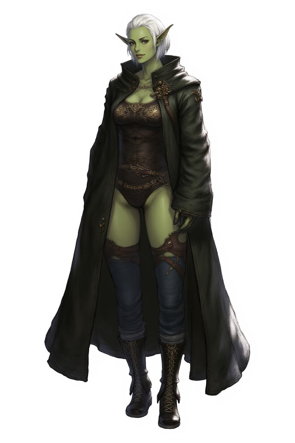 full-body medieval fantasy character of a nude, muscular green skin humanoid female orc,  simple background, white background,  The orc has green skin, pointed ears, short hair, white hair, brown eyes, emphasizing the rugged, warrior-like appearance of the orc,  a fantastical  female orc warlock,  The character is dressed in a dark, medieval-style outfit,  The long sleeves garment is a long, dark green coat with a high collar, adorned with gold accents and intricate designs,on her shirt hoodie with cloak, dressed in a long, dark brown coat that reaches the ankles, with a fitted, black corset-style top underneath,  Underneath the coat, the character wears a black tunic with gold detailing, Her attire includes a brown leather belt,   and a pouch attached to the belt,  and a pair of dark, form-fitting pants,  she wears dark blue jeans and knee-high black boots with intricate lacing,