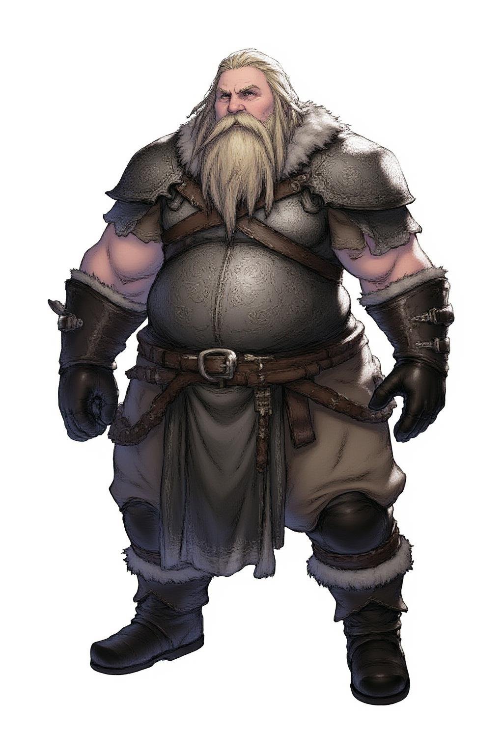 full body medieval fantasy character of a fat plus-size male short dwarf, Gnome, Halfling, 1boy, young, kid, teenage,   simple background, white background,  This is a digital drawing of a large, imposing, muscular, and short dwarf warrior,  The character has a light skin tone and short, long blonde messy hair and braids,  His eyes are half-lidded and slightly narrowed, adding to his cool, unimpressed demeanor,  He has a small, straight nose and thin, slightly brushy arched eyebrows that give him a slightly stern appearance,   The dwarf fighter has a rugged, weathered appearance, a thick, bushy beard,  His armor is a mix of metallic gray and black, with intricate patterns and engravings, suggesting a high level of craftsmanship, The armor covers his torso, arms, and legs, with a prominent breastplate and pauldrons,   His hands are gloved in black leather,  A suit of plate armor includes gauntlets, heavy leather boots, back armor, and thick layers of padding underneath the armor, Buckles and straps distribute the weight over the body, and fur-trimmed leggings under mail armor, ensuring the focus remains on the warrior and his attire,  The overall aesthetic is medieval fantasy,