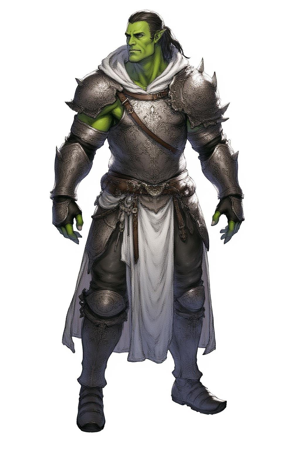 full-body medieval fantasy character of a green skin humanoid male orc,   simple background, white background,  The orc has green skin, pointed ears,  his hair is dark and pulled back into a ponytail, emphasizing the rugged, warrior-like appearance of the orc,  a male orc paladin, a medieval knight.  He is clad in gleaming silver armor, meticulously crafted with intricate patterns and engravings,  The armor covers his entire body, including a breastplate on his white shirt hoodie coat, shoulder guards, elbow guards, gauntlets, thigh guards, and knee guards, steel boots,steel gloves, The breastplate has a steel collar around the neck,