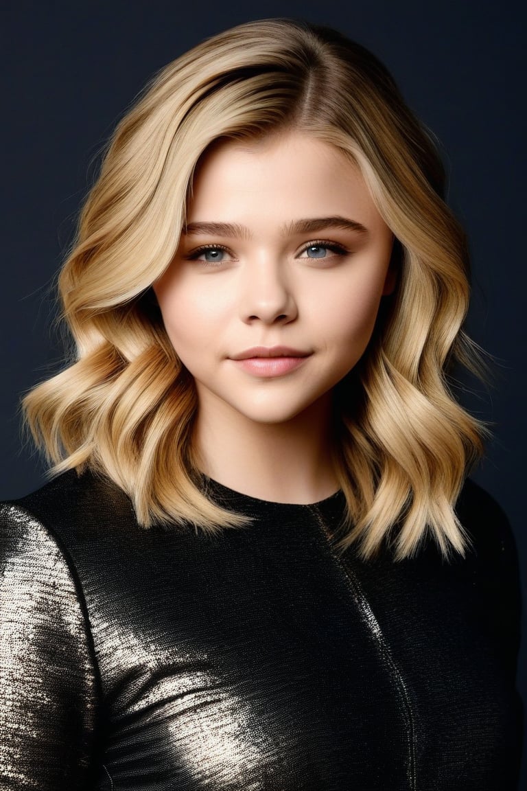 full body photo, Chloë Grace Moretz, 16 years old, slim, different hairstyles, simple background, cinematic lights, detailed face, detailed hands, professional make-up, detailed eyes,