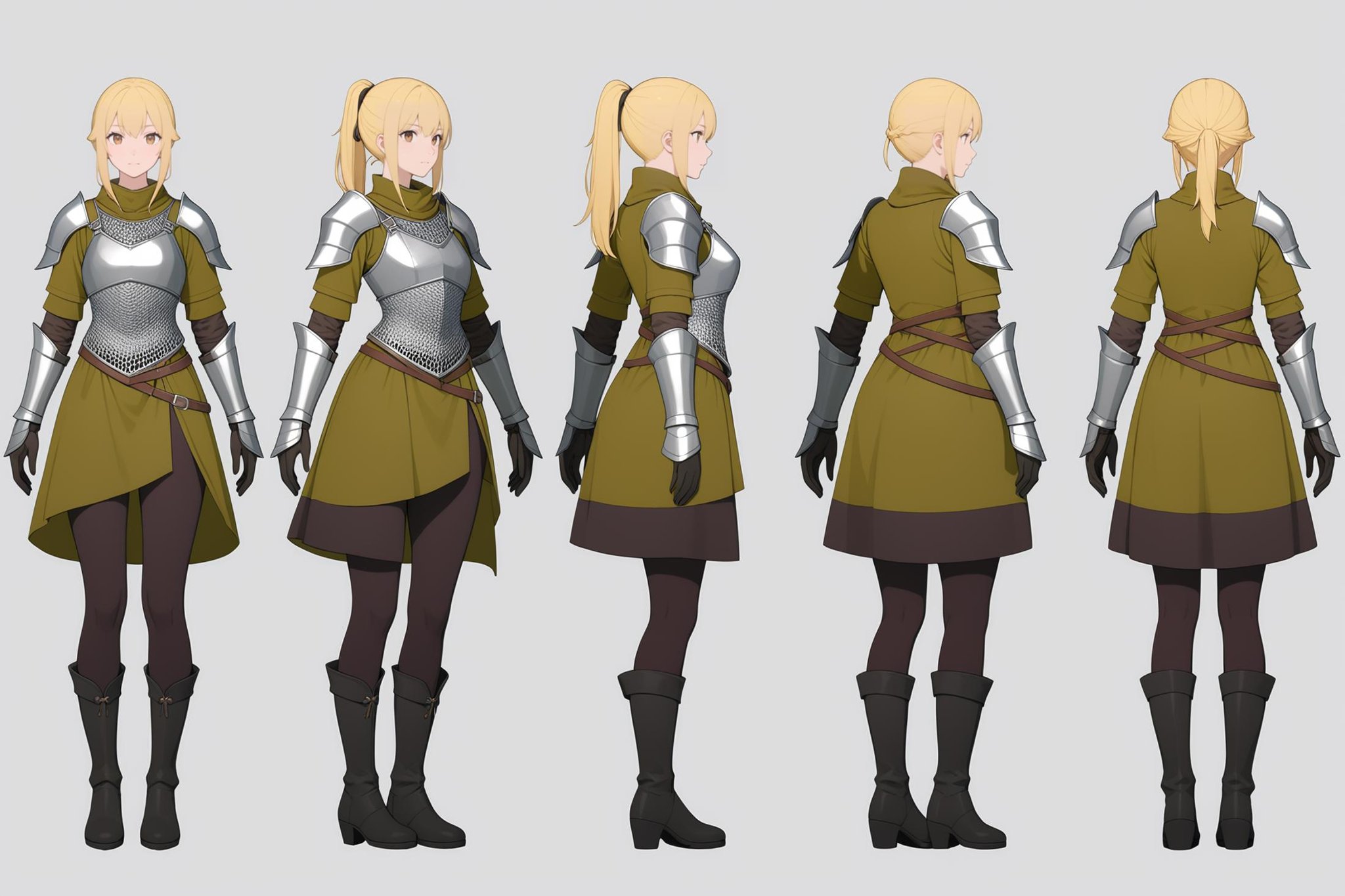 (VIEWS:0),  full body character turnaround of 1girl, Multiple views of the same character in the same outfit,  simple background, white background,(theme:0),  medieval, fantasy, Dungeon And Dragon,(rank:0), female character, medieval knight, armor, chainmail, full-body suit, blonde hair, ponytail, green and brown robes, leather belts, gloves, boots, shoulder armor, armband, fantasy, adventure,<lora:bg3TurnXL_v1_pony:0.1><lora:Witcher3turn_v1_Pony:0.6><lora:medieval2turn_v1_Pony:0.1><lora:CharTurnXL_v4_Pony:0.1><lora:bg3TurnXL_v1:0.1><lora:Witcher3TurnXL_v1:0.1><lora:Medieval2TurnXL_v1:0.1><lora:CharTurnXLRetag_v4:0.1>