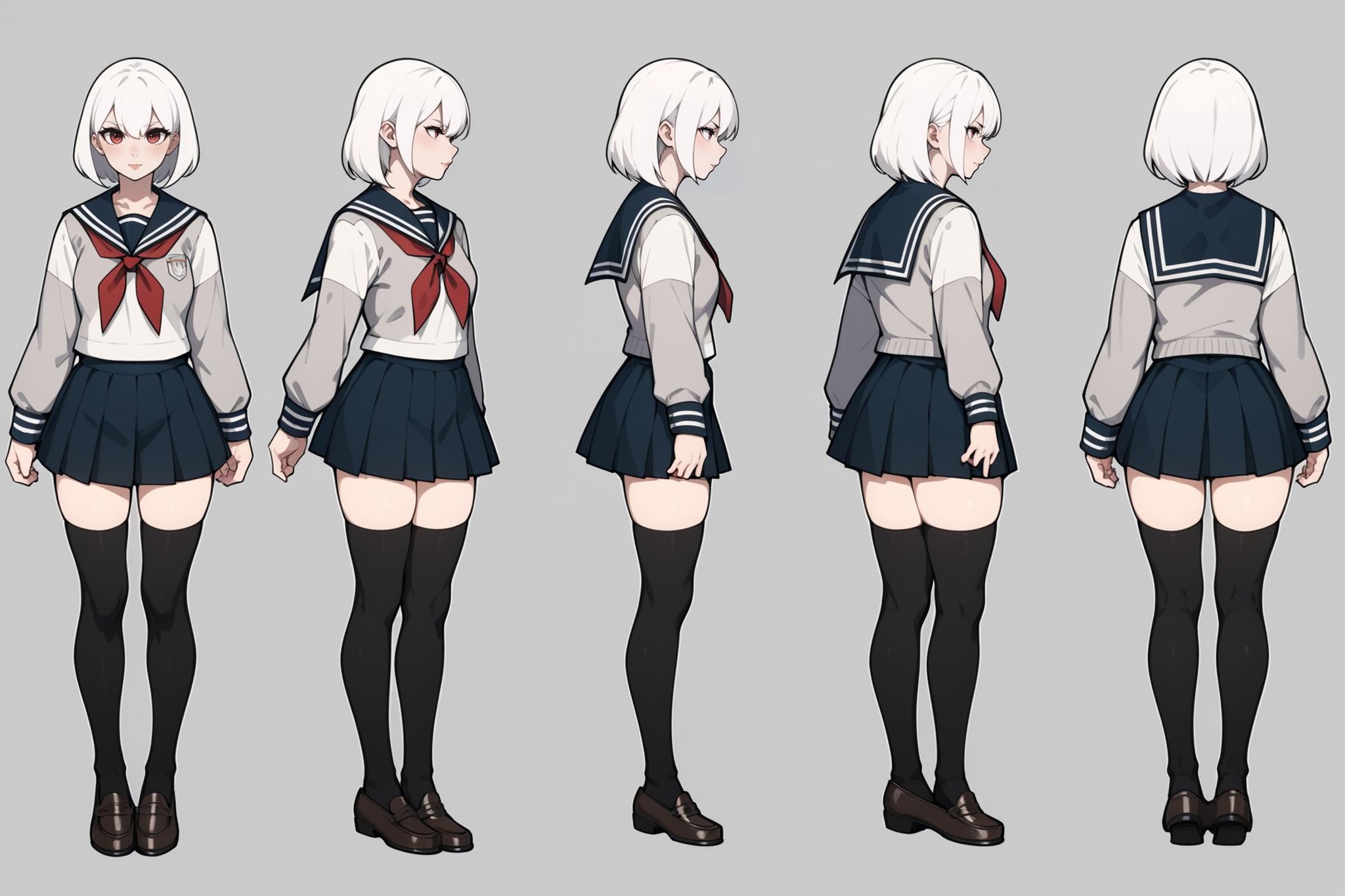 score_9, score_8_up, score_7_up, score_6_up, score_5_up, score_4_up,(VIEWS:0),  full body character turnaround of 1girl, Multiple views of the same character in the same outfit,  simple background, white background,(theme:0),  (rank:0), anime character, female, school uniform, sailor outfit, skirt, thigh-high stockings, loafers, white hair, red neckerchief, gray cardigan, Japanese schoolgirl, <lora:bg3TurnXL_v1_pony:0.1><lora:Witcher3turn_v1_Pony:0.1><lora:medieval2turn_v1_Pony:0.1><lora:CharTurnXL_v4_Pony:0.6><lora:bg3TurnXL_v1:0.1><lora:Witcher3TurnXL_v1:0.1><lora:Medieval2TurnXL_v1:0.1><lora:CharTurnXLRetag_v4:0.1>