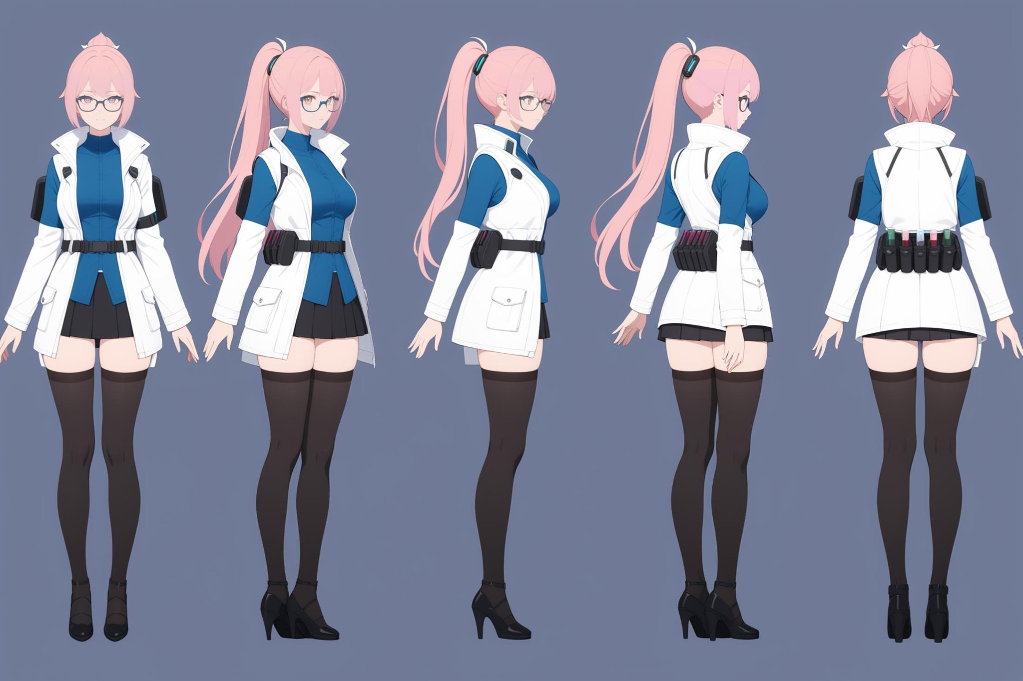 (VIEWS:0),  full body character turnaround of 1girl, Multiple views of the same character in the same outfit,  simple background, white background,(theme:0),  (rank:0), anime character, female, pink hair, ponytail, white coat, blue top, black skirt, stockings, high heels, glasses, futuristic, utility belt, vials, sci-fi, cyberpunk, mechanical backpack, accessories, detailed, <lora:bg3TurnXL_v1_pony:0.1><lora:Witcher3turn_v1_Pony:0.1><lora:medieval2turn_v1_Pony:0.1><lora:CharTurnXL_v4_Pony:0.6><lora:bg3TurnXL_v1:0.1><lora:Witcher3TurnXL_v1:0.1><lora:Medieval2TurnXL_v1:0.1><lora:CharTurnXLRetag_v4:0.1>