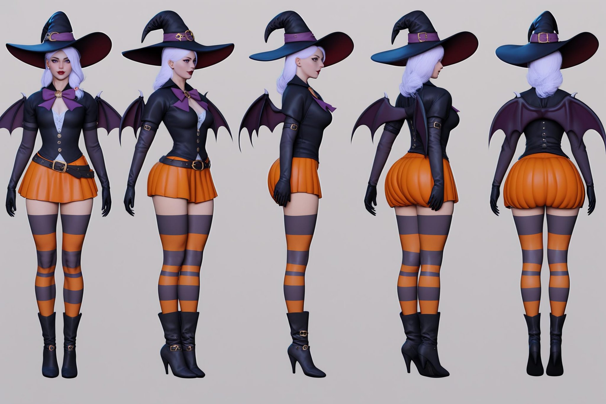 score_9, score_8_up, score_7_up, score_6_up, score_5_up, score_4_up,(VIEWS:0),  full body character turnaround of 1girl, Multiple views of the same character in the same outfit,  simple background, white background,(theme:0),  (rank:0), witch costume, female character, Halloween, cosplay, pumpkin hat, black witch hat, fantasy character, orange skirt, purple accents, striped stockings, black boots, belt details, buckle, bat wings, intricate design, outfit details, seasonal attire, witch attire, costume design, magical, mystical, fantasy theme, <lora:bg3TurnXL_v1_pony:0.1><lora:Witcher3turn_v1_Pony:0.1><lora:medieval2turn_v1_Pony:0.1><lora:CharTurnXL_v4_Pony:0.6><lora:bg3TurnXL_v1:0.1><lora:Witcher3TurnXL_v1:0.1><lora:Medieval2TurnXL_v1:0.1><lora:CharTurnXLRetag_v4:0.1>