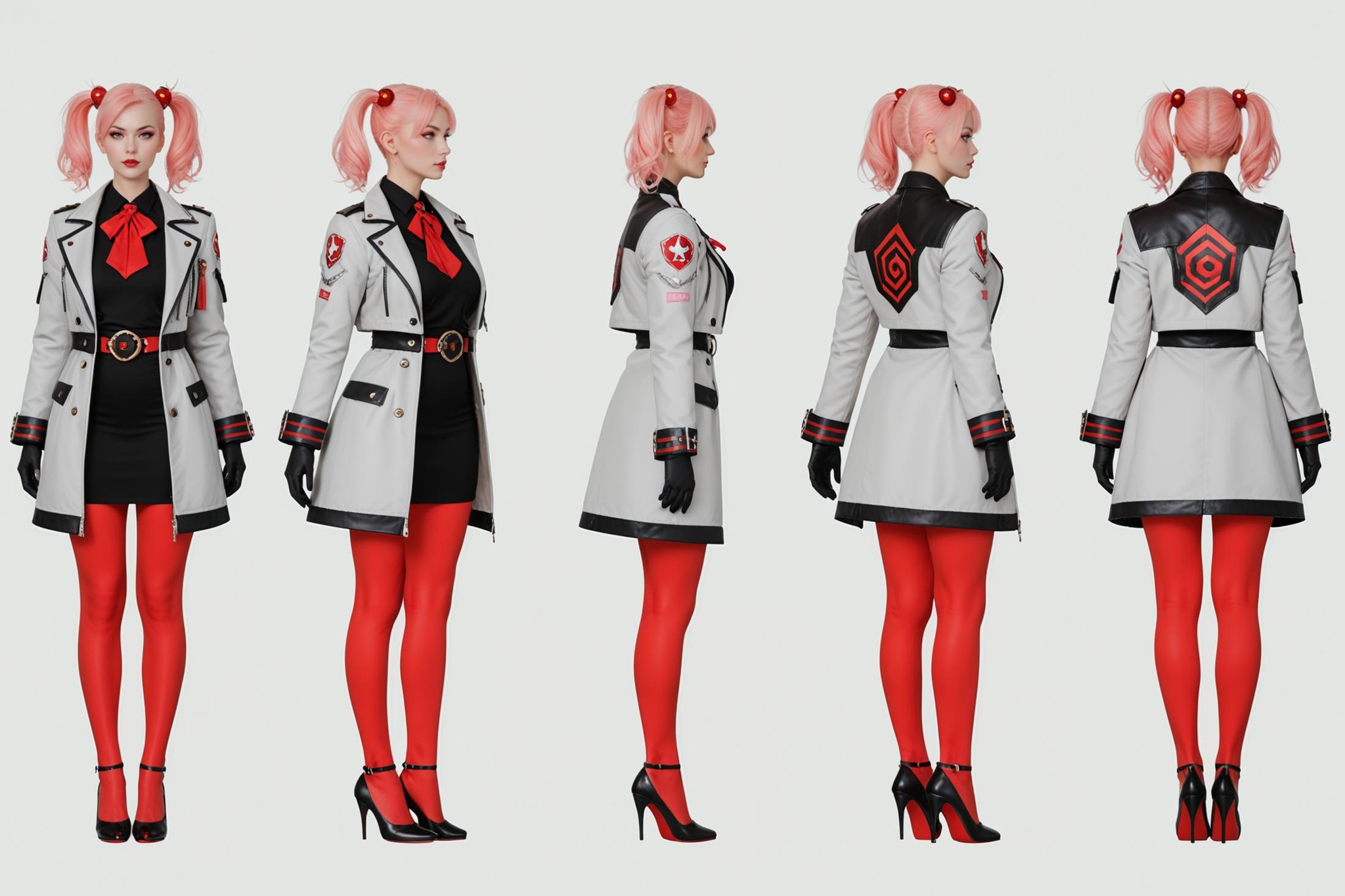 score_9, score_8_up, score_7_up, score_6_up, score_5_up, score_4_up,(VIEWS:0),  full body character turnaround of 1girl, Multiple views of the same character in the same outfit,  simple background, white background,(theme:0),  (rank:0), anime character, female, pink twin-tails, gray jacket, asymmetrical coat, black gloves, high heels, red accents, intricate design, futuristic, cosplay, stylish, detailed, fashion design, sleek, modern, artistic, <lora:bg3TurnXL_v1_pony:0.1><lora:Witcher3turn_v1_Pony:0.1><lora:medieval2turn_v1_Pony:0.1><lora:CharTurnXL_v4_Pony:0.6><lora:bg3TurnXL_v1:0.1><lora:Witcher3TurnXL_v1:0.1><lora:Medieval2TurnXL_v1:0.1><lora:CharTurnXLRetag_v4:0.1>