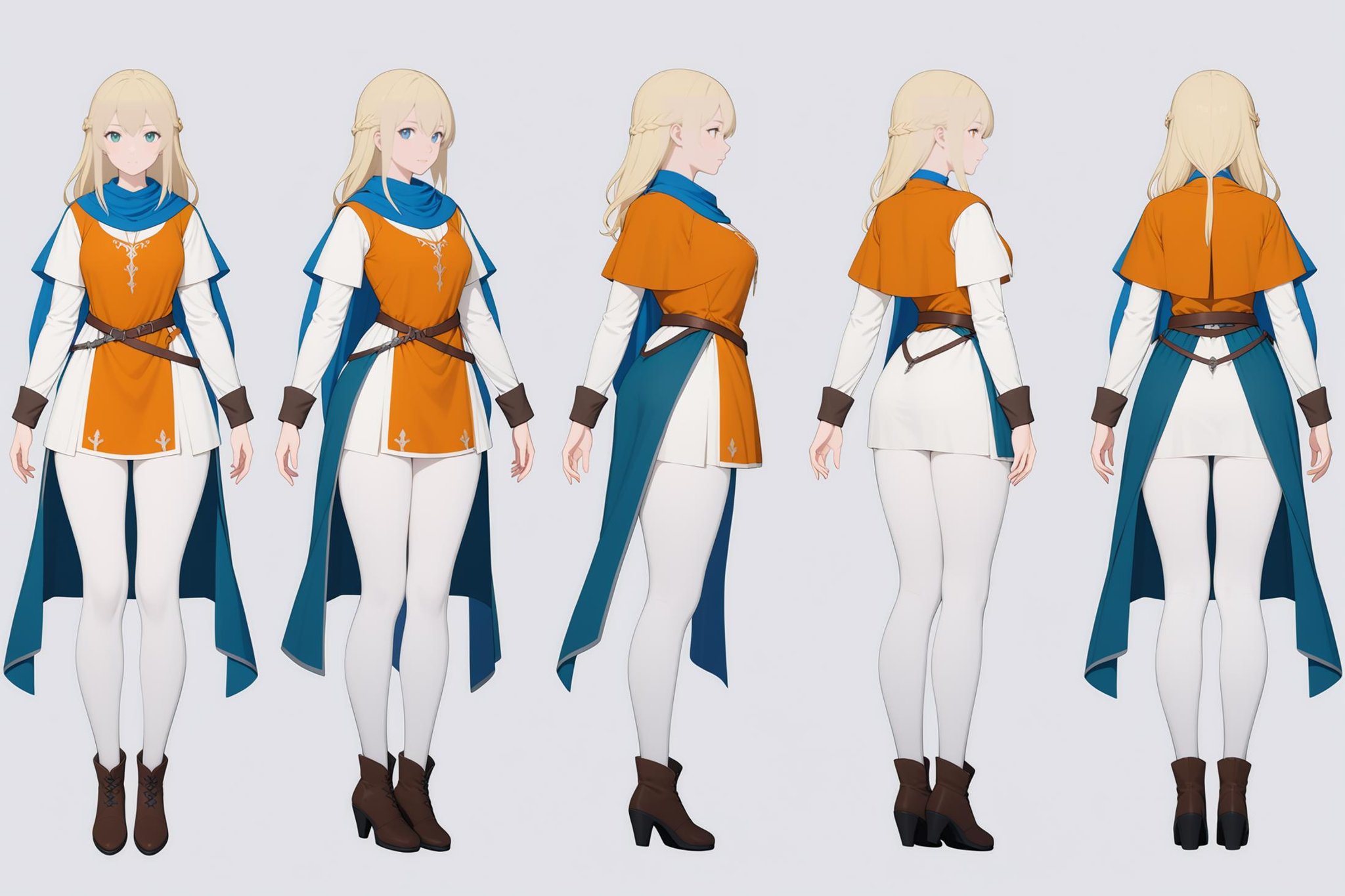 (VIEWS:0),  full body character turnaround of 1girl, Multiple views of the same character in the same outfit,  simple background, white background,(theme:0),  medieval, fantasy, Dungeon And Dragon, curving body, slim,(rank:0),female, medieval attire, fantasy costume, long blond hair, blue shawl, orange tunic, white leggings, brown boots, brown belt, long sleeves, anime style, adventure-ready, detailed outfit, sleeve cuffs, knee-high boots, layered clothing, <lora:bg3TurnXL_v1_pony:0.1><lora:Witcher3turn_v1_Pony:0.1><lora:medieval2turn_v1_Pony:0.6><lora:CharTurnXL_v4_Pony:0.1><lora:bg3TurnXL_v1:0.1><lora:Witcher3TurnXL_v1:0.1><lora:Medieval2TurnXL_v1:0.1><lora:CharTurnXLRetag_v4:0.1>