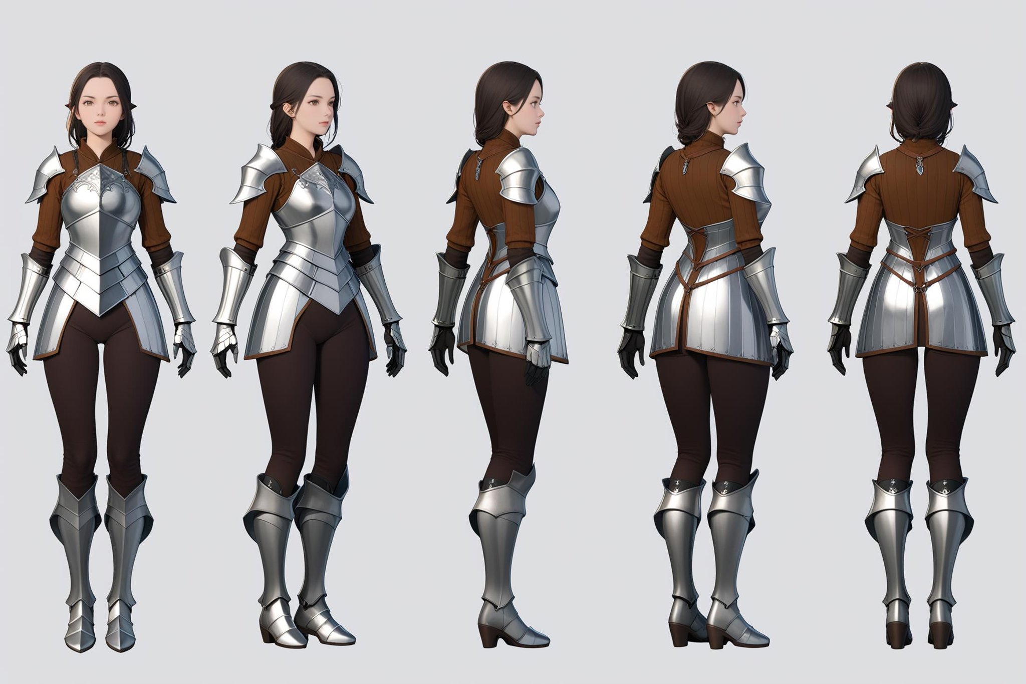 (VIEWS:0),  full body character turnaround of 1girl, Multiple views of the same character in the same outfit,  simple background, white background,(theme:0),  medieval, fantasy, Dungeon And Dragon,(rank:0), female warrior, fantasy armor, silver armor, intricate design, leather accents, fantasy character, full-body armor, armored boots, gauntlets, detailed texture, metal reflections,<lora:bg3TurnXL_v1_pony:0.6><lora:Witcher3turn_v1_Pony:0.1><lora:medieval2turn_v1_Pony:0.1><lora:CharTurnXL_v4_Pony:0.1><lora:bg3TurnXL_v1:0.1><lora:Witcher3TurnXL_v1:0.1><lora:Medieval2TurnXL_v1:0.1><lora:CharTurnXLRetag_v4:0.1>