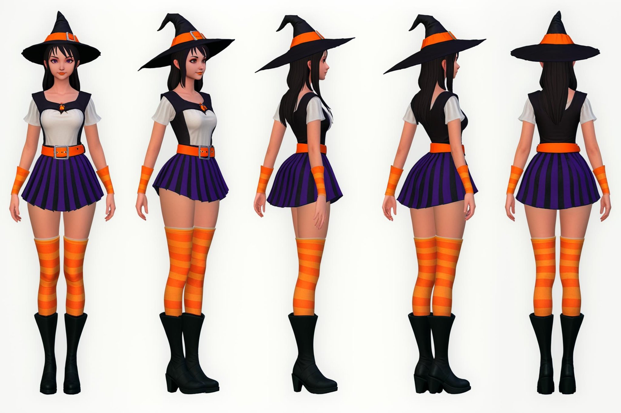 (VIEWS:0),  full body character turnaround of 1girl, Multiple views of the same character in the same outfit,  simple background, white background,(theme:0),  medieval, fantasy, Dungeon And Dragon,(rank:0),witch costume, female character, Halloween, cosplay, pumpkin hat, black witch hat, fantasy character, orange skirt, purple accents, striped stockings, black boots, belt details, buckle, bat wings, intricate design, outfit details, seasonal attire, witch attire, costume design, magical, mystical, fantasy theme,<lora:bg3TurnXL_v1_pony:0.1><lora:Witcher3turn_v1_Pony:0.1><lora:medieval2turn_v1_Pony:0.1><lora:CharTurnXL_v4_Pony:0.1><lora:bg3TurnXL_v1:0.1><lora:Witcher3TurnXL_v1:0.1><lora:Medieval2TurnXL_v1:0.1><lora:CharTurnXLRetag_v4:0.6>